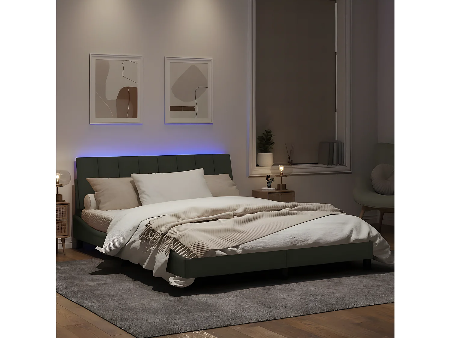 Cadre de lit avec lumières LED gris clair 160x200 velours