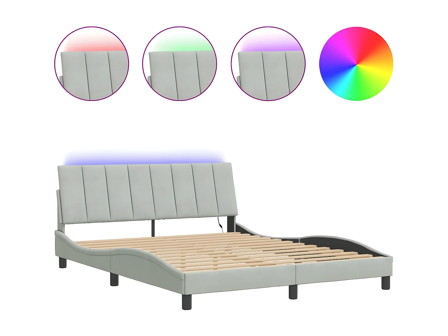Cadre de lit avec lumières LED gris clair 160x200 velours