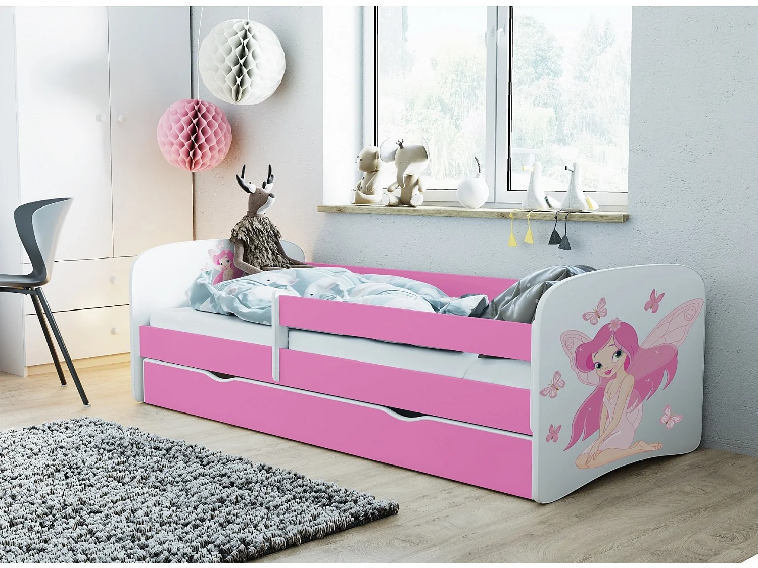 Lit enfant rose fée avec papillons avec sommiers et barrière de sécurité amovible Drimy-70x140