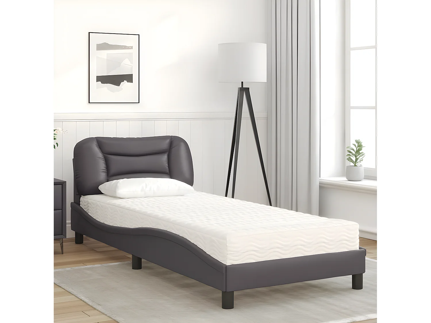 Lit avec matelas gris 90x200 similicuir