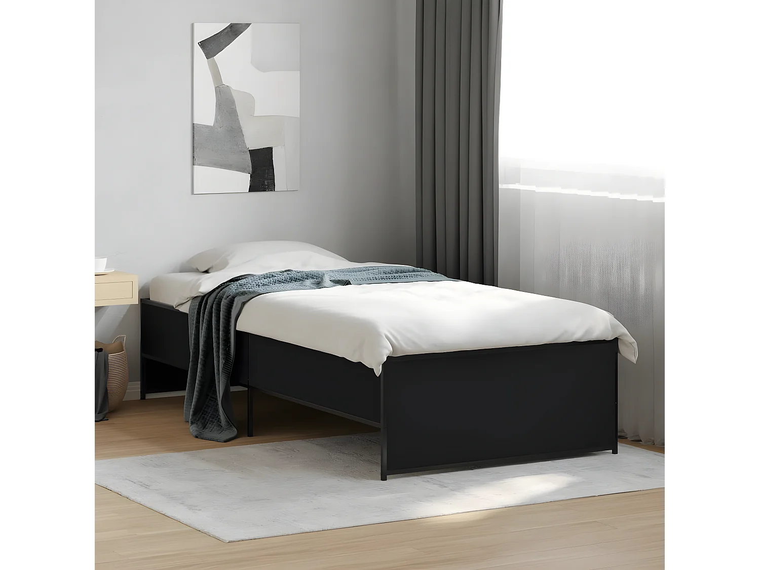 Cadre de lit noir 75x190 bois d'ingénierie et métal