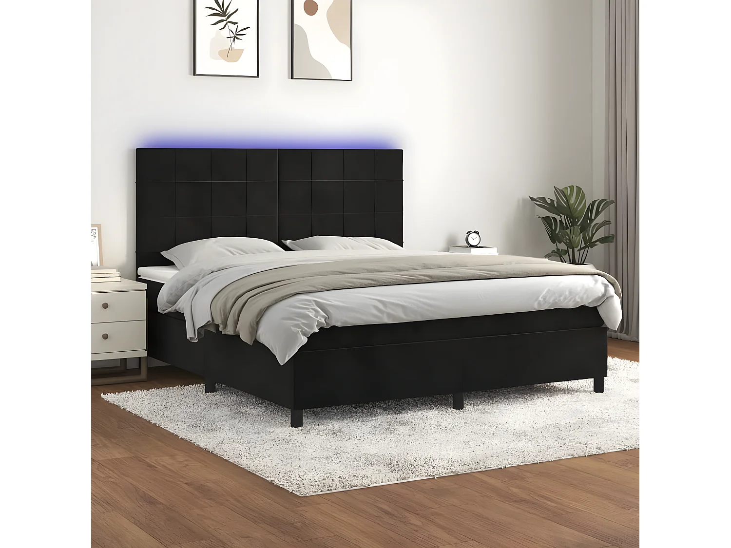 Sommier à lattes de lit matelas et LED Noir 180x200 Velours