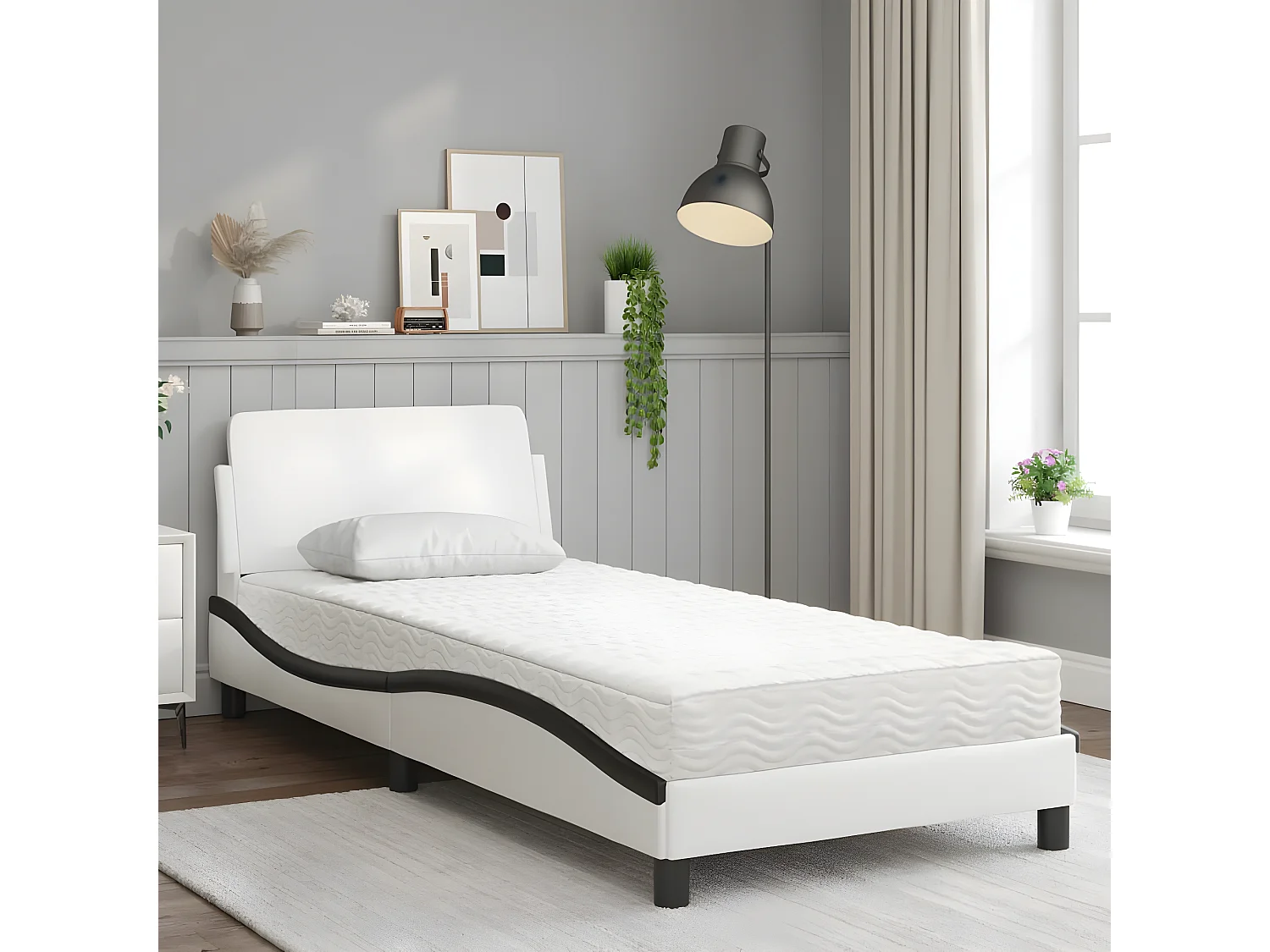 Lit avec matelas blanc et noir 80x200 similicuir