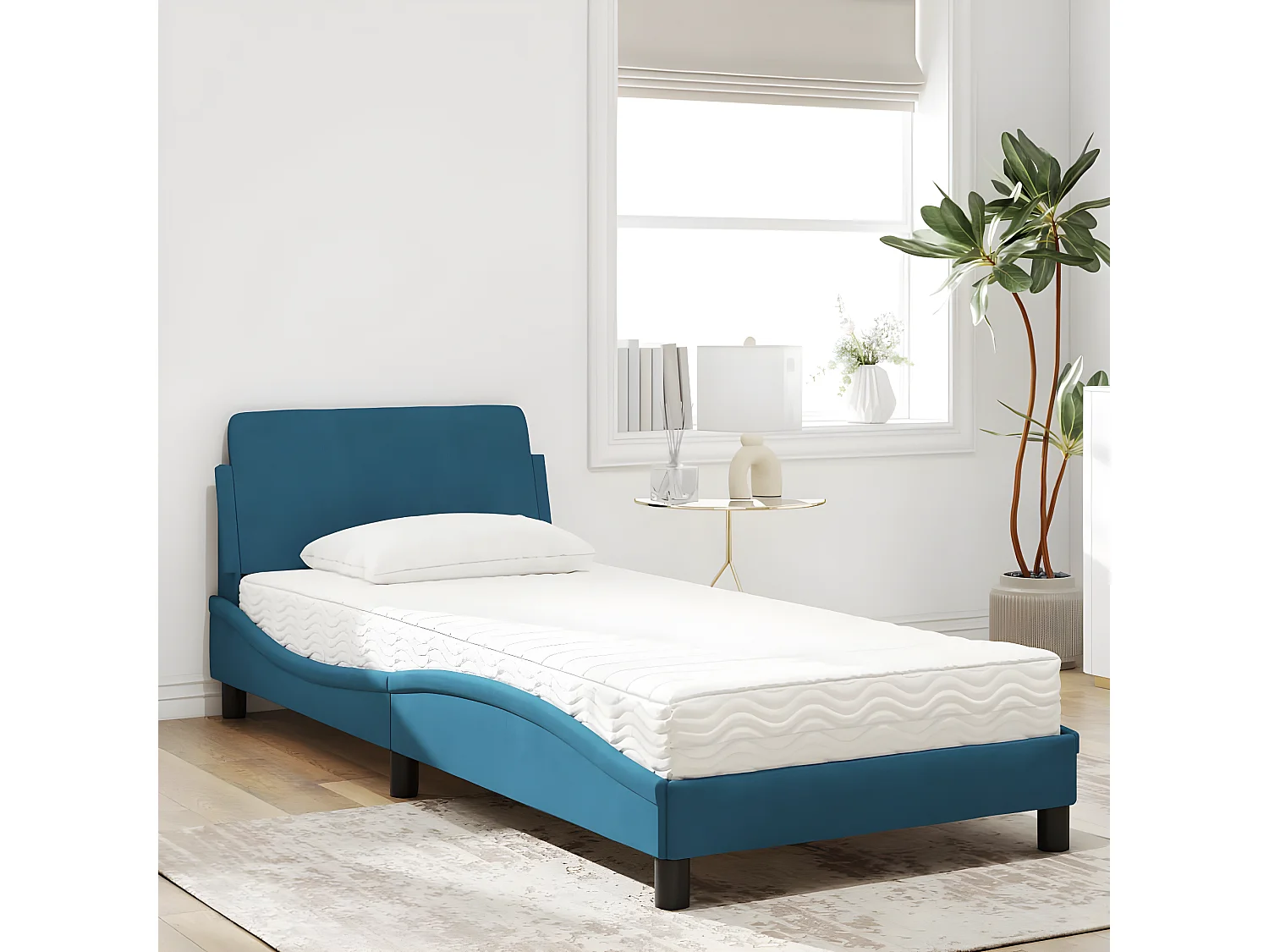 Lit avec matelas bleu 90x200 velours