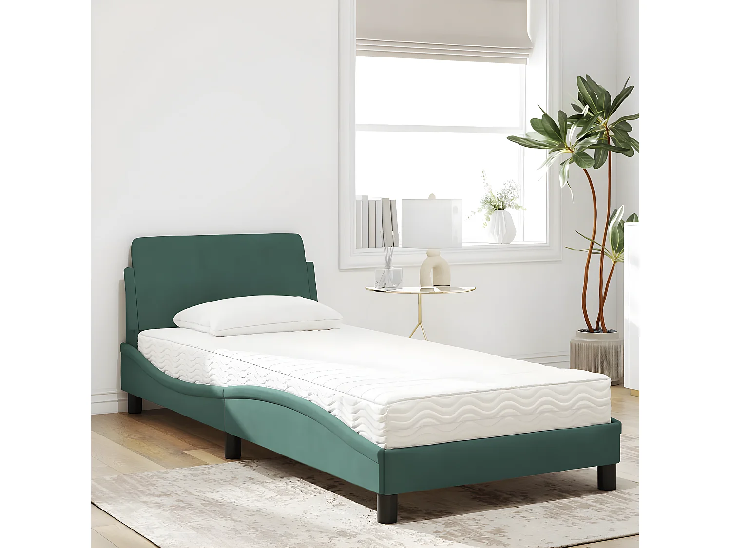 Lit avec matelas vert foncé 80x200 velours