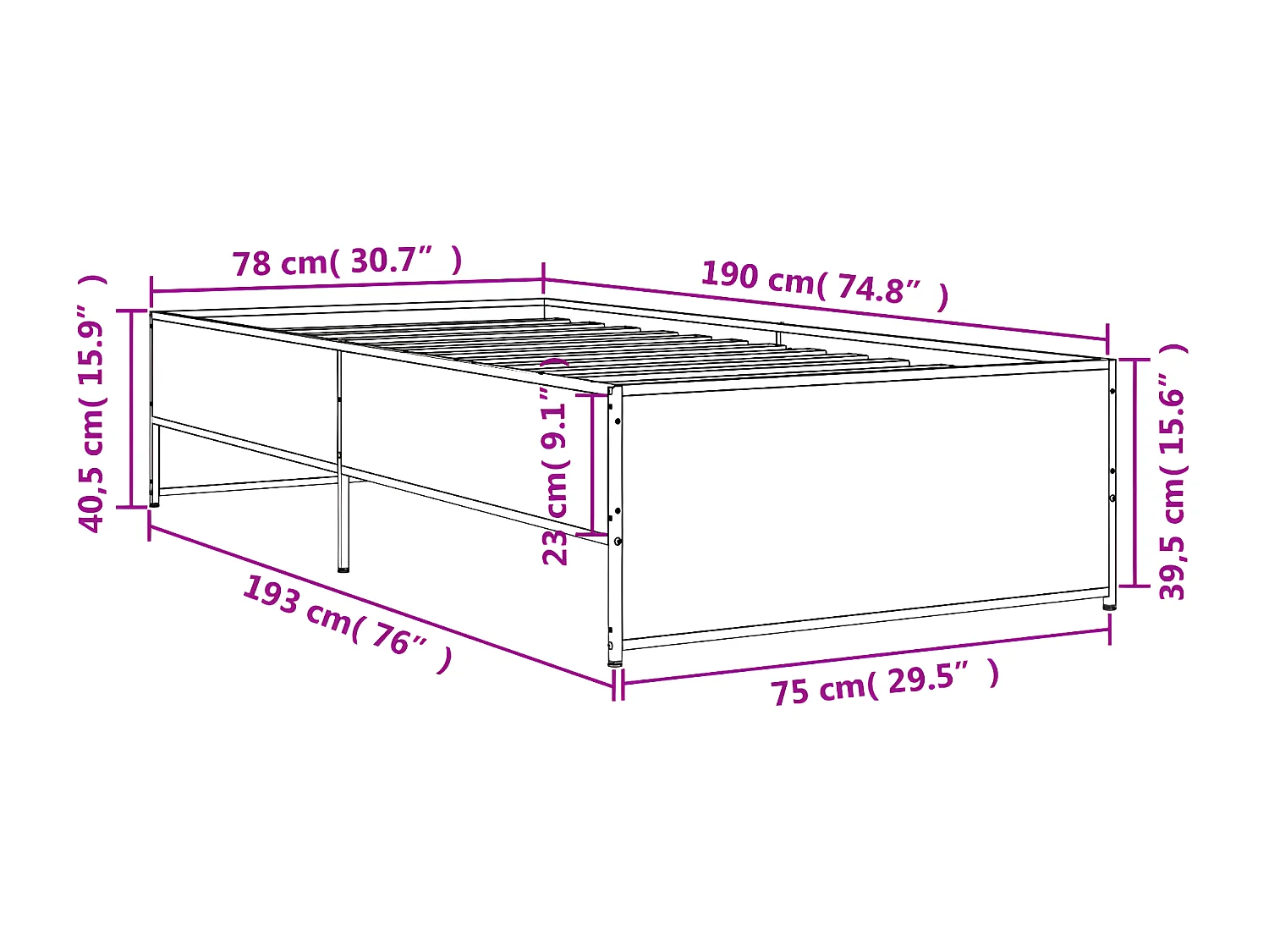 Cadre de lit sonoma gris 75x190 bois d'ingénierie et métal
