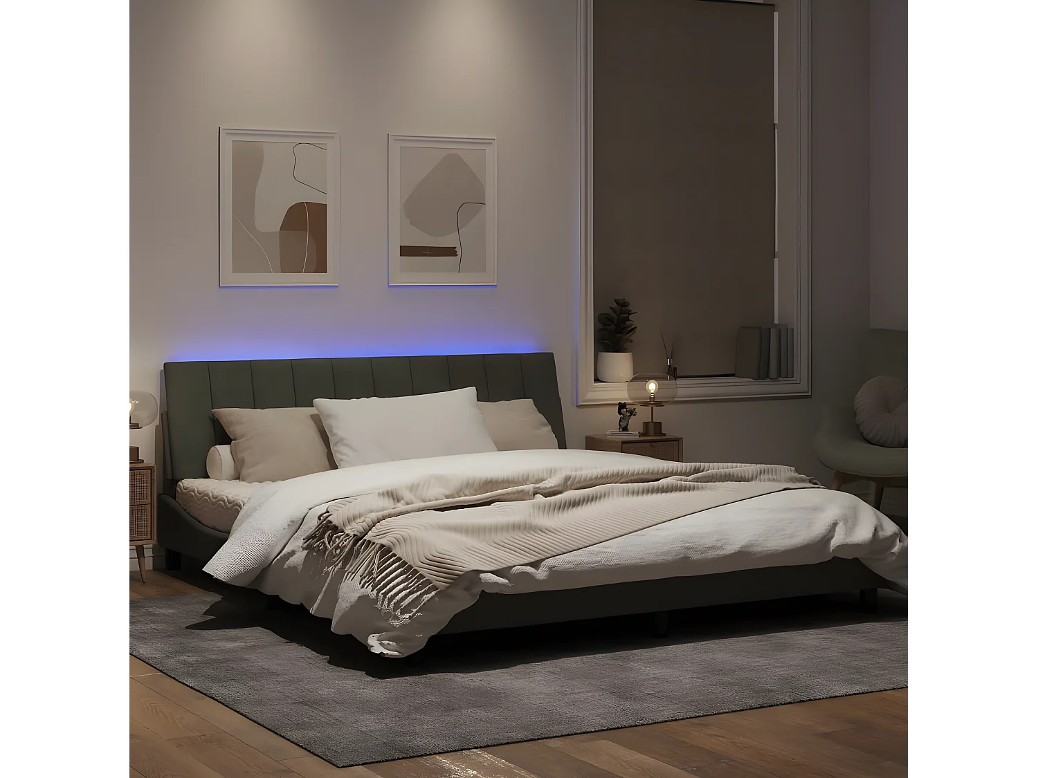 Cadre de lit avec lumières LED gris clair 180x200 velours