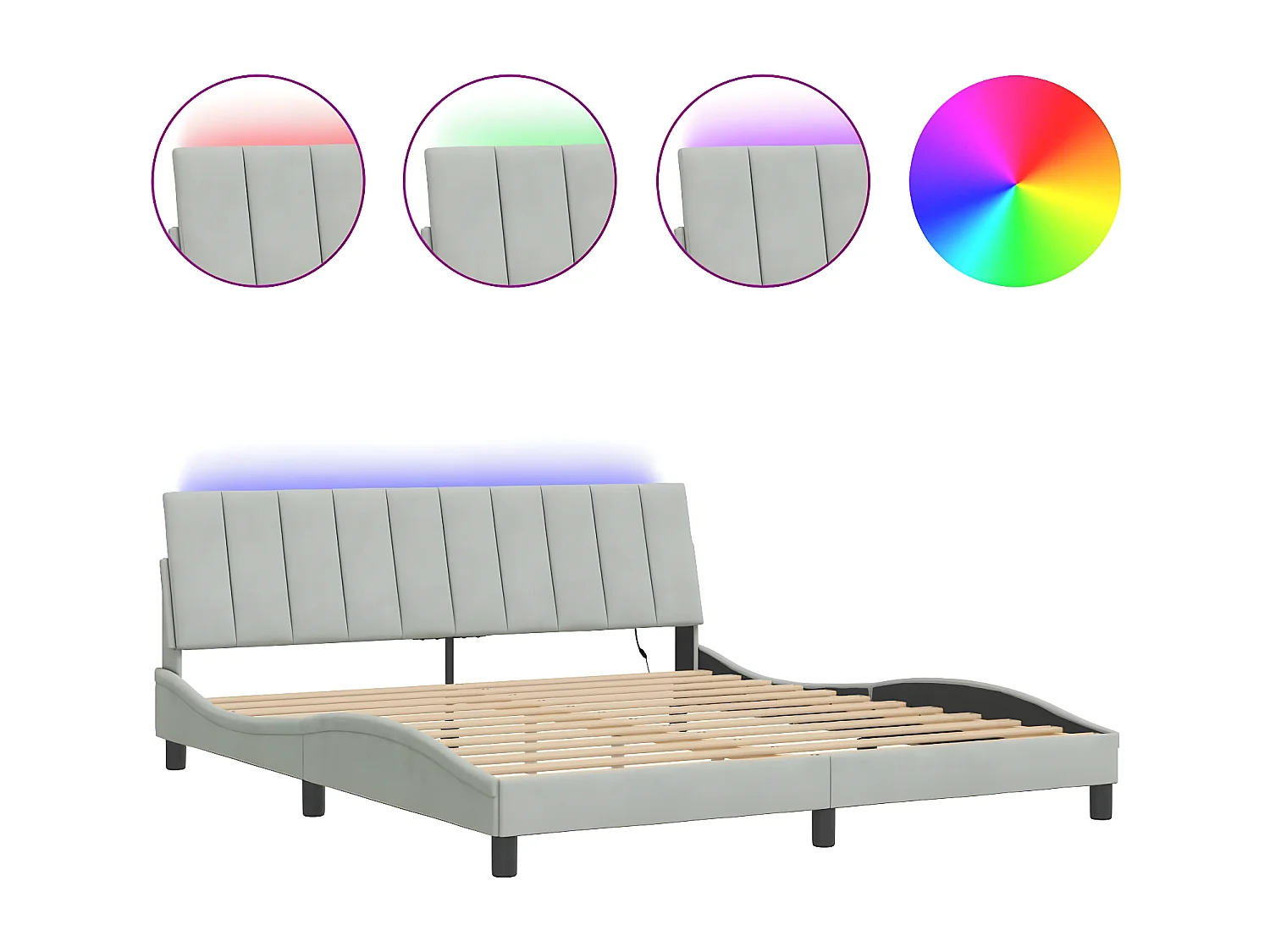 Cadre de lit avec lumières LED gris clair 180x200 velours