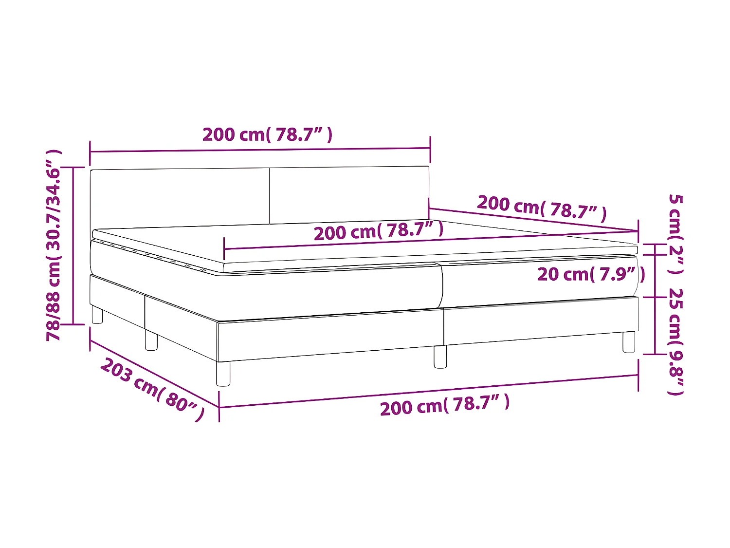 vidaXL Cama box spring colchón y LED cuero sintético blanco 200x200 cm