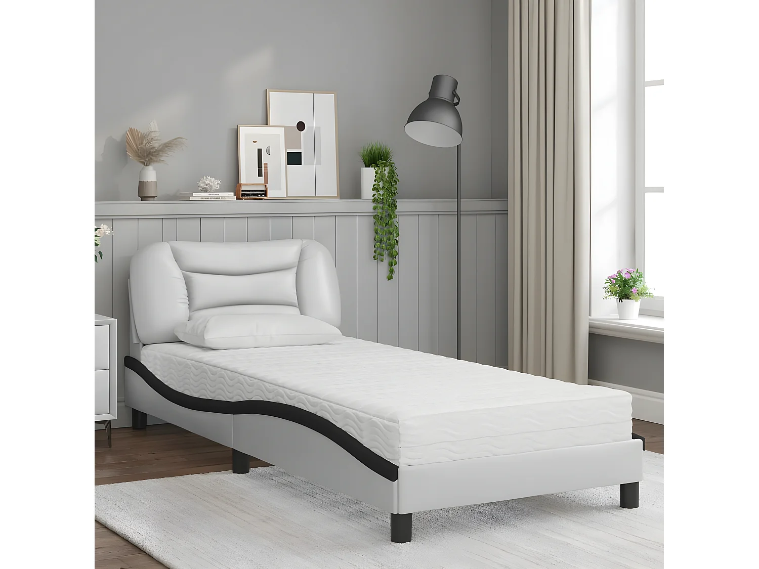 Lit avec matelas blanc et noir 90x200 similicuir