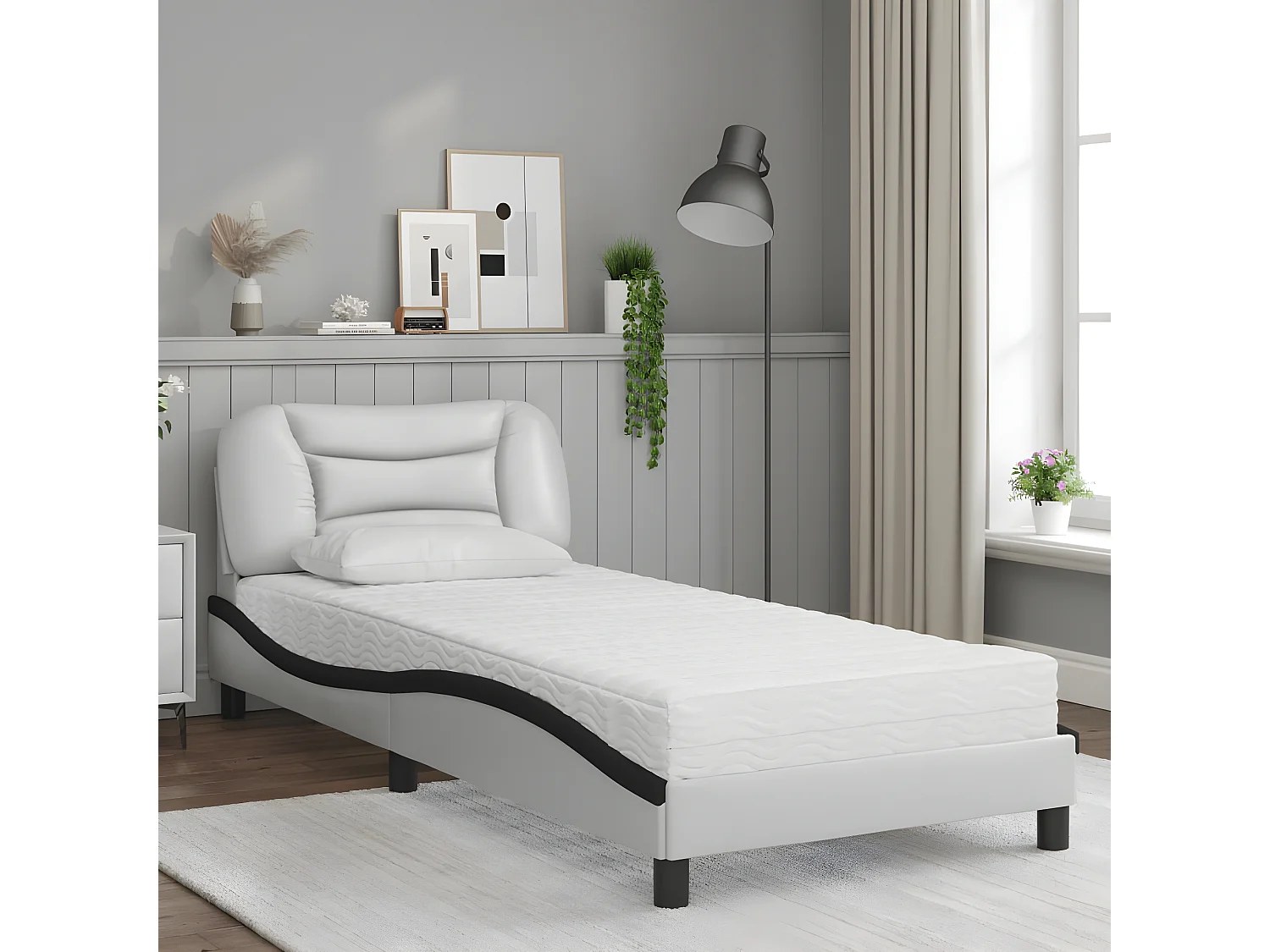 Lit avec matelas blanc et noir 80x200 similicuir