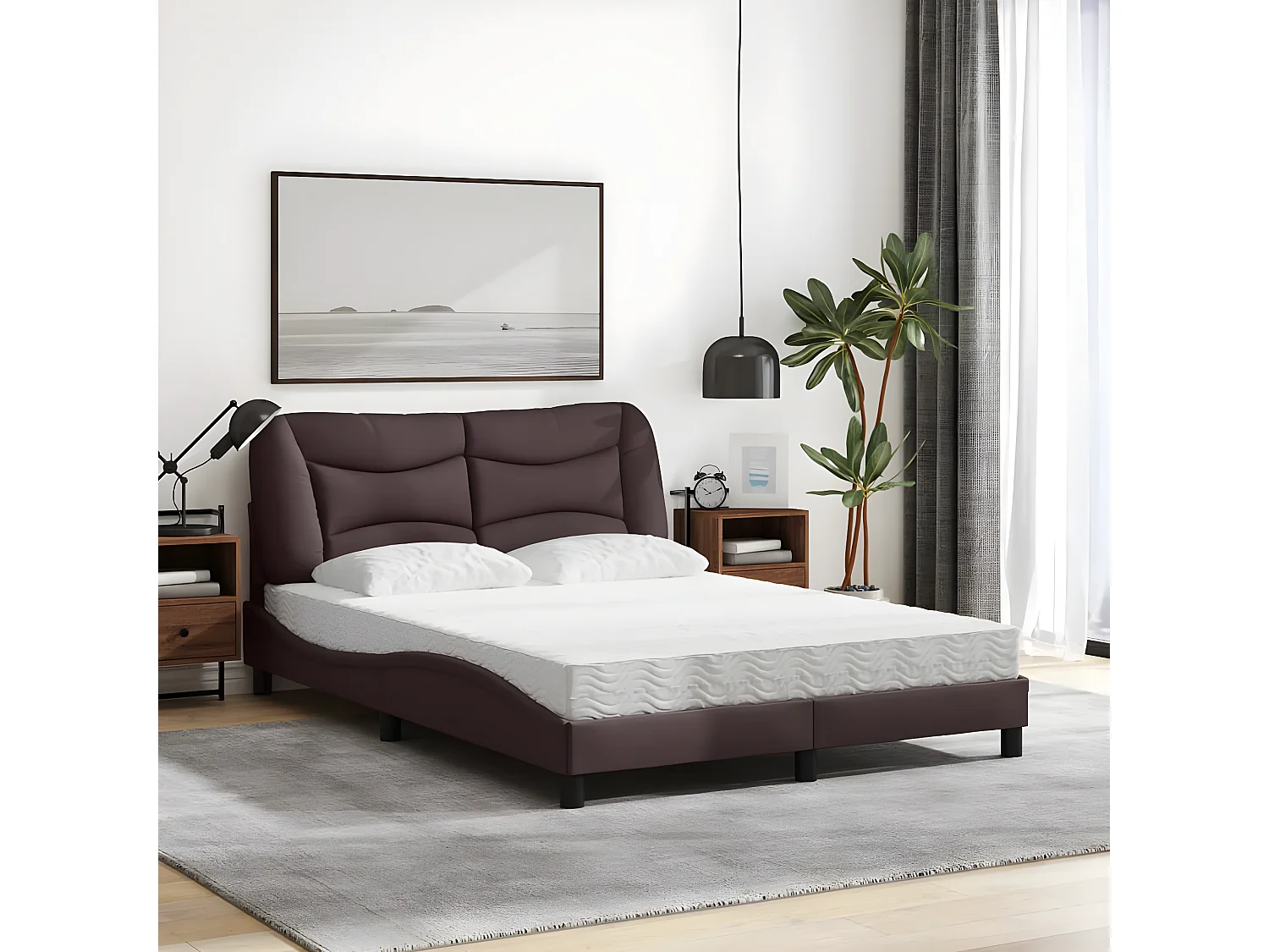 Lit avec matelas marron foncé 140x200 tissu