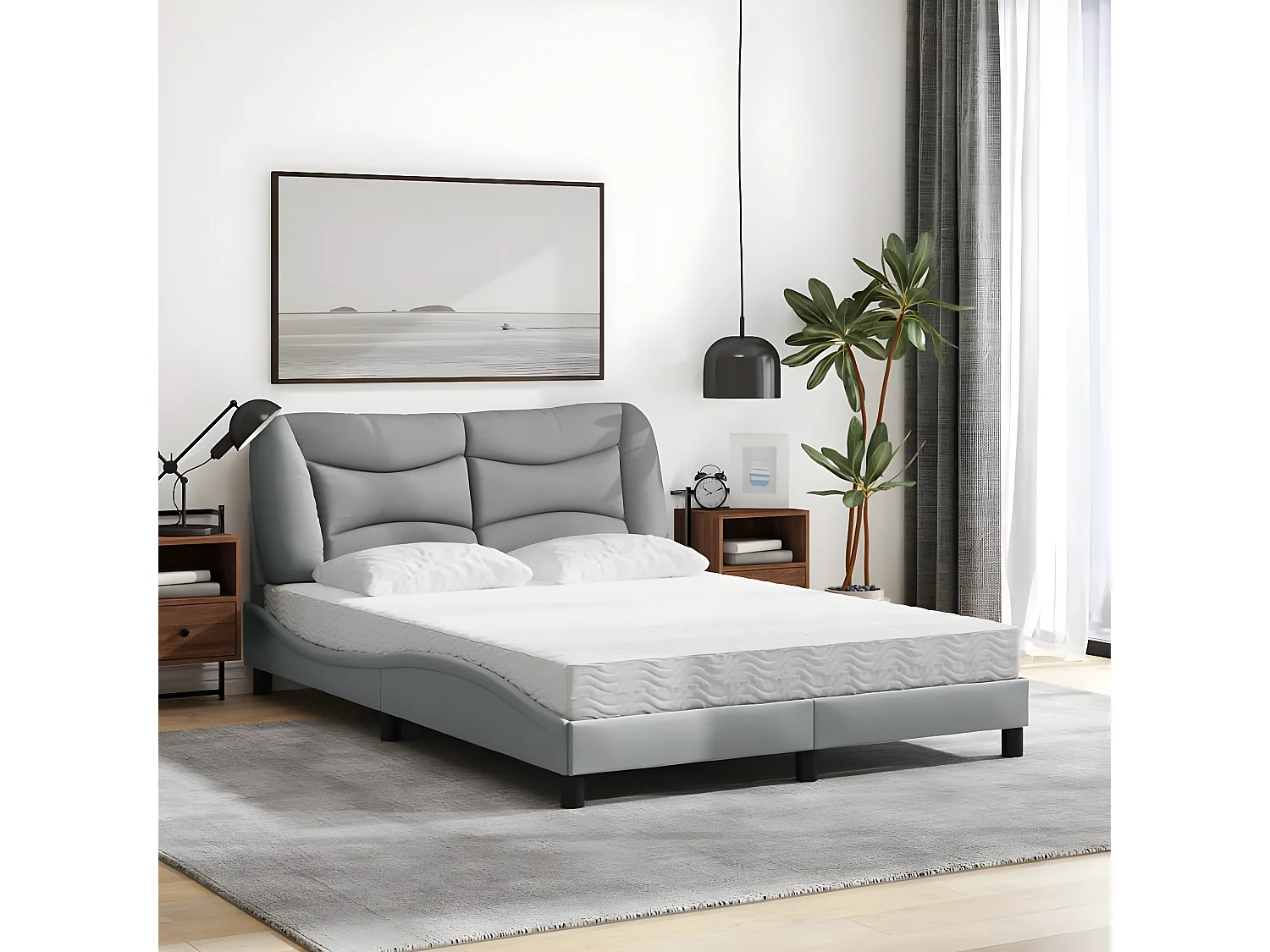 Lit avec matelas gris clair 140x200 tissu