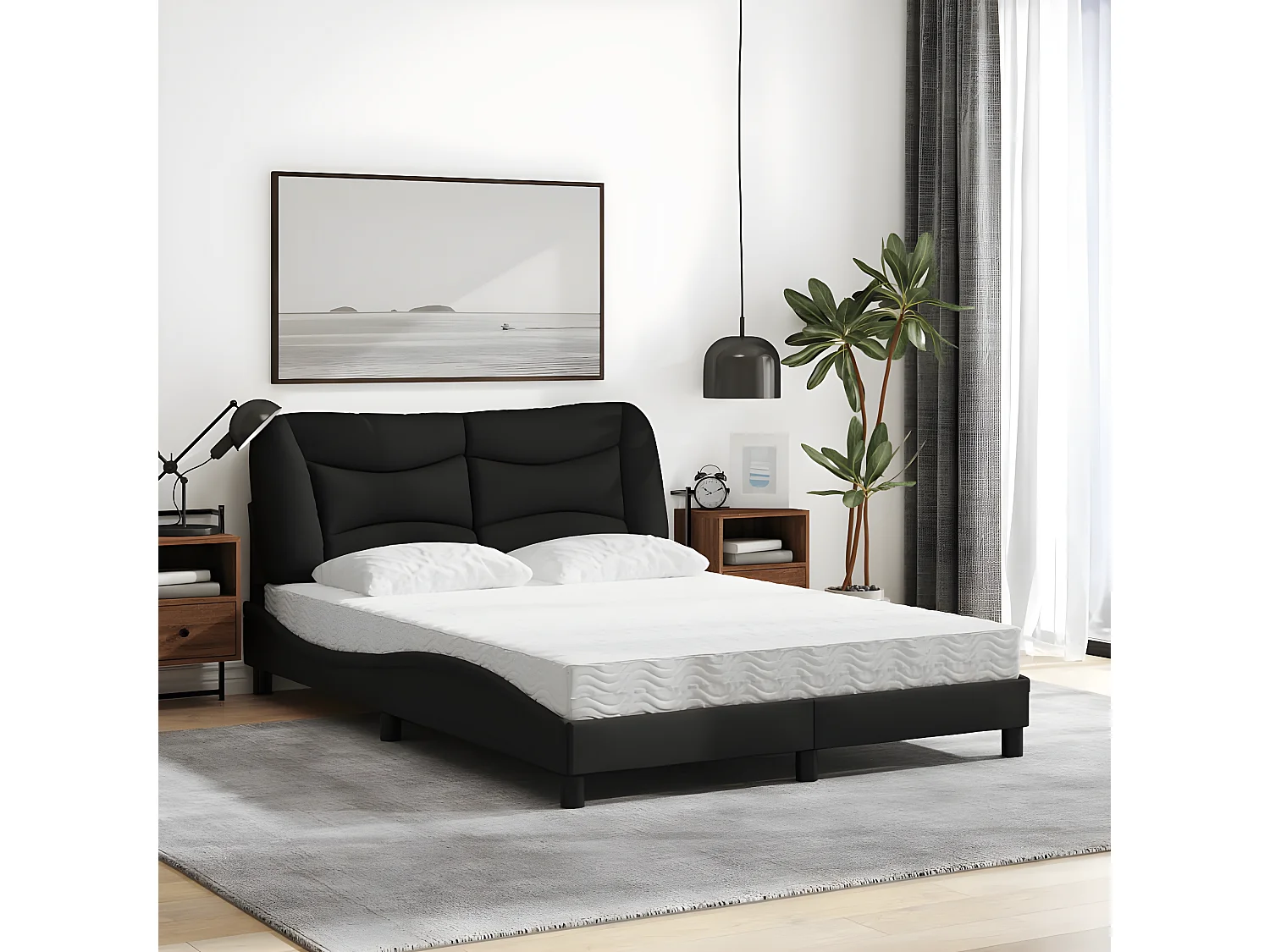 Lit avec matelas noir 120x200 tissu