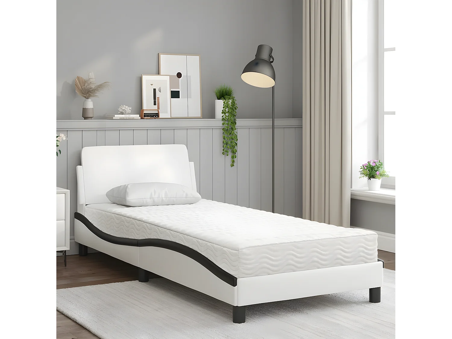 Lit avec matelas blanc et noir 90x200 similicuir