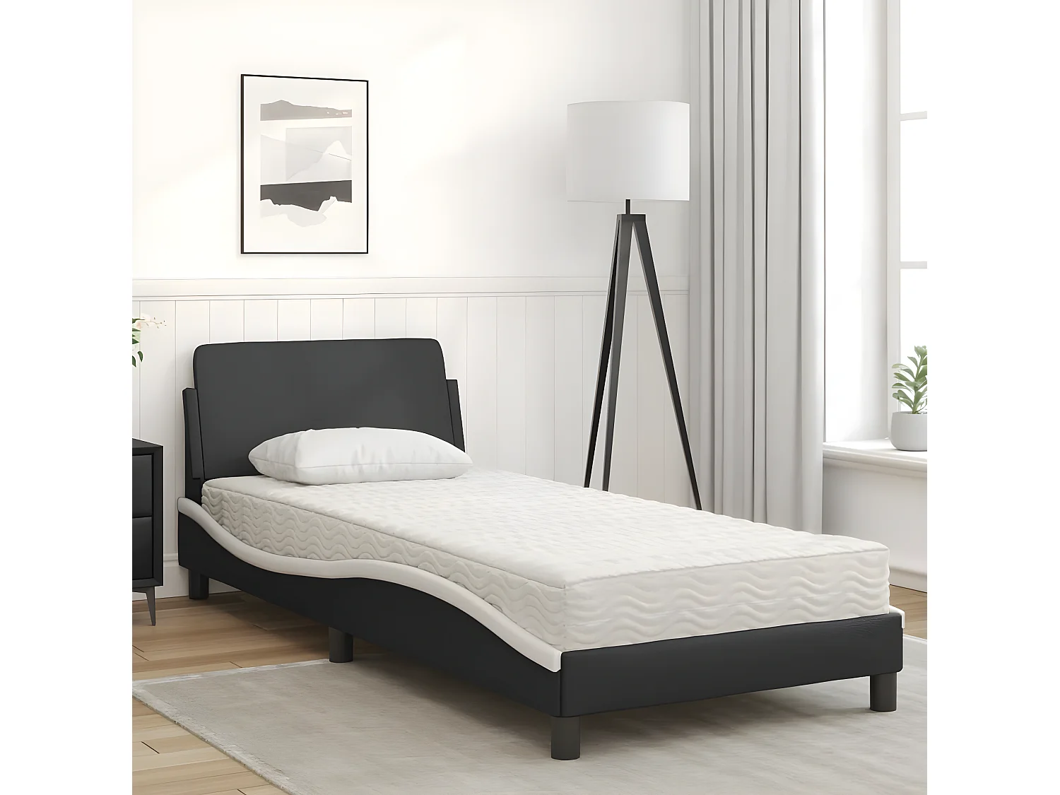 Lit avec matelas noir et blanc 90x200 similicuir
