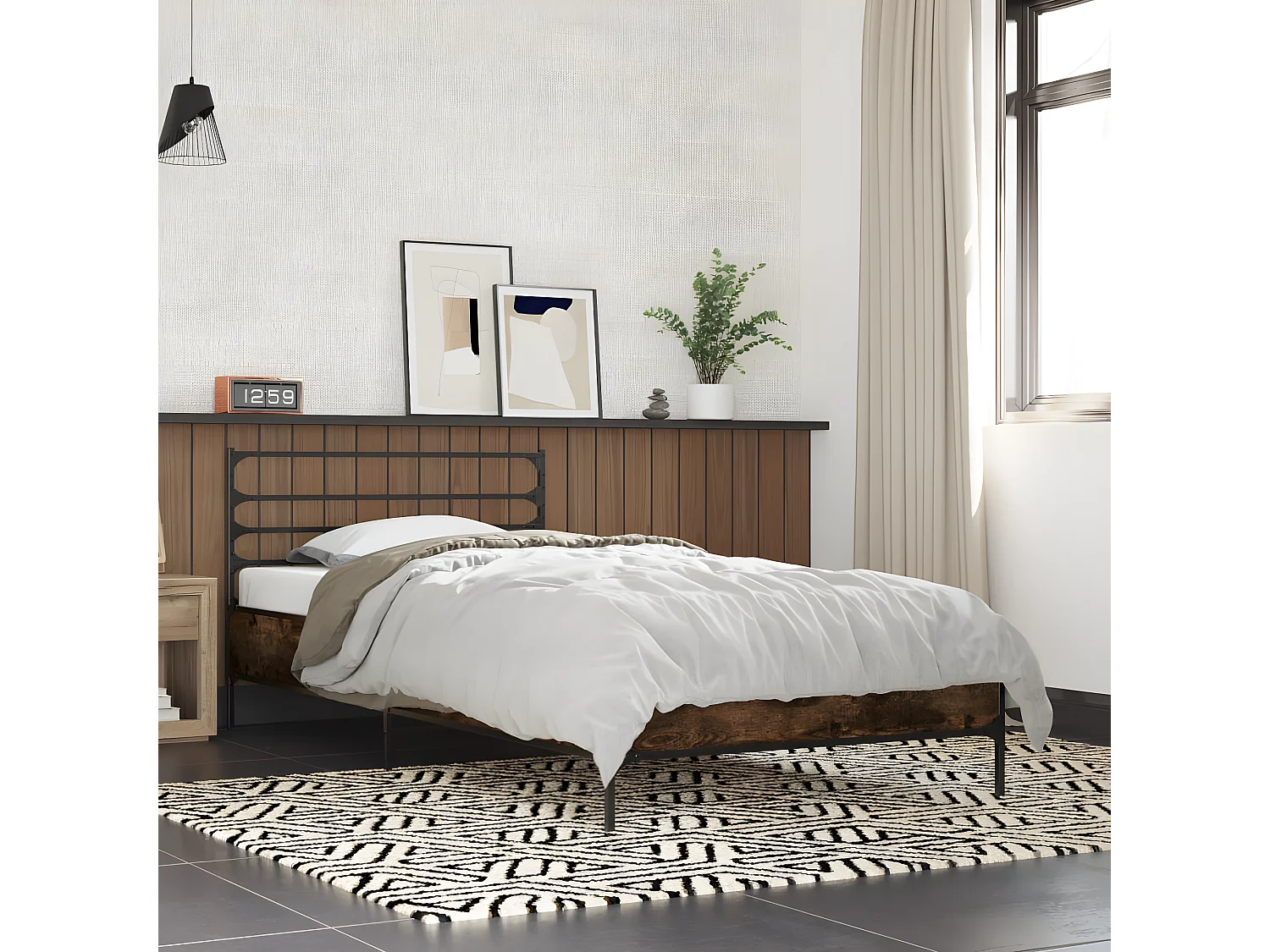 Cadre de lit chêne fumé 75x190 bois d'ingénierie et métal