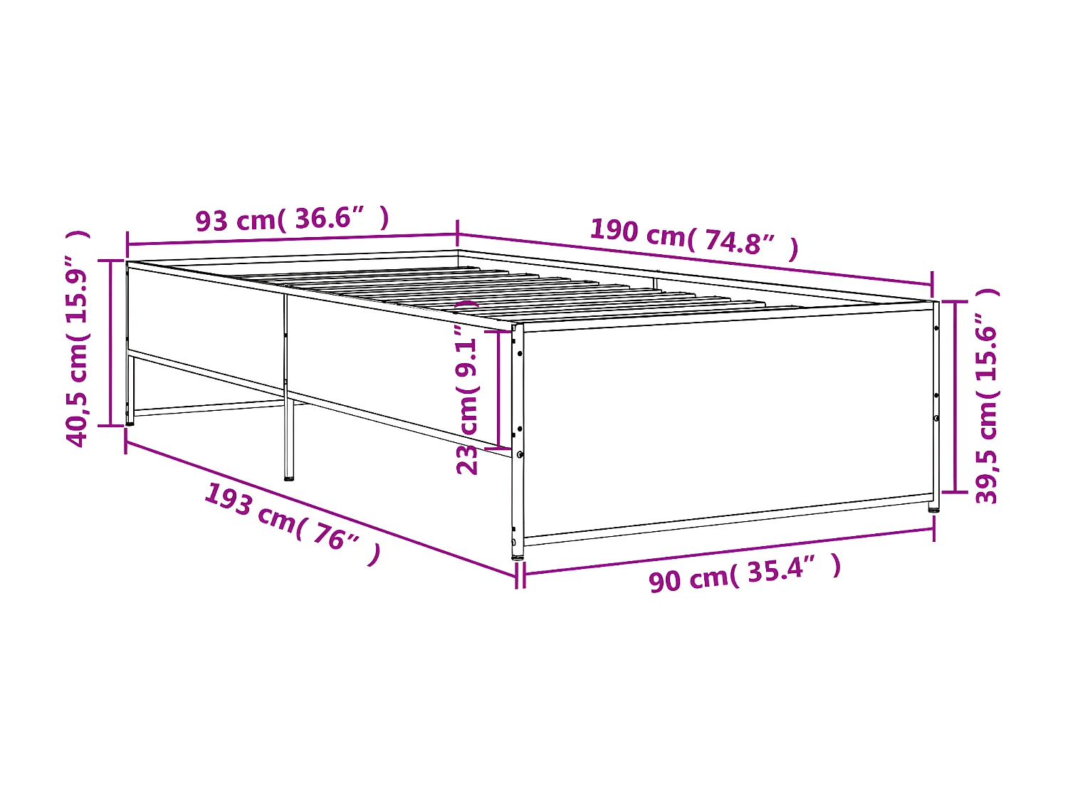 Cadre de lit chêne fumé 90x190 bois d'ingénierie et métal
