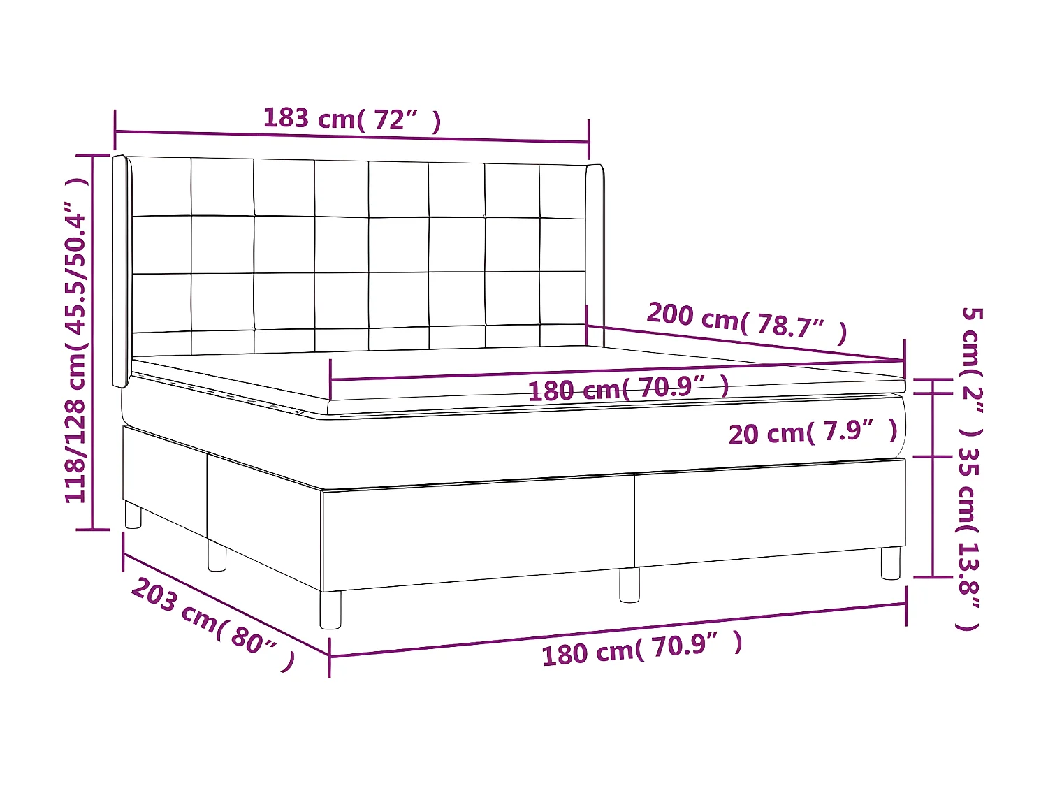 Sommier à lattes de lit matelas et LED Noir 180x200 Velours