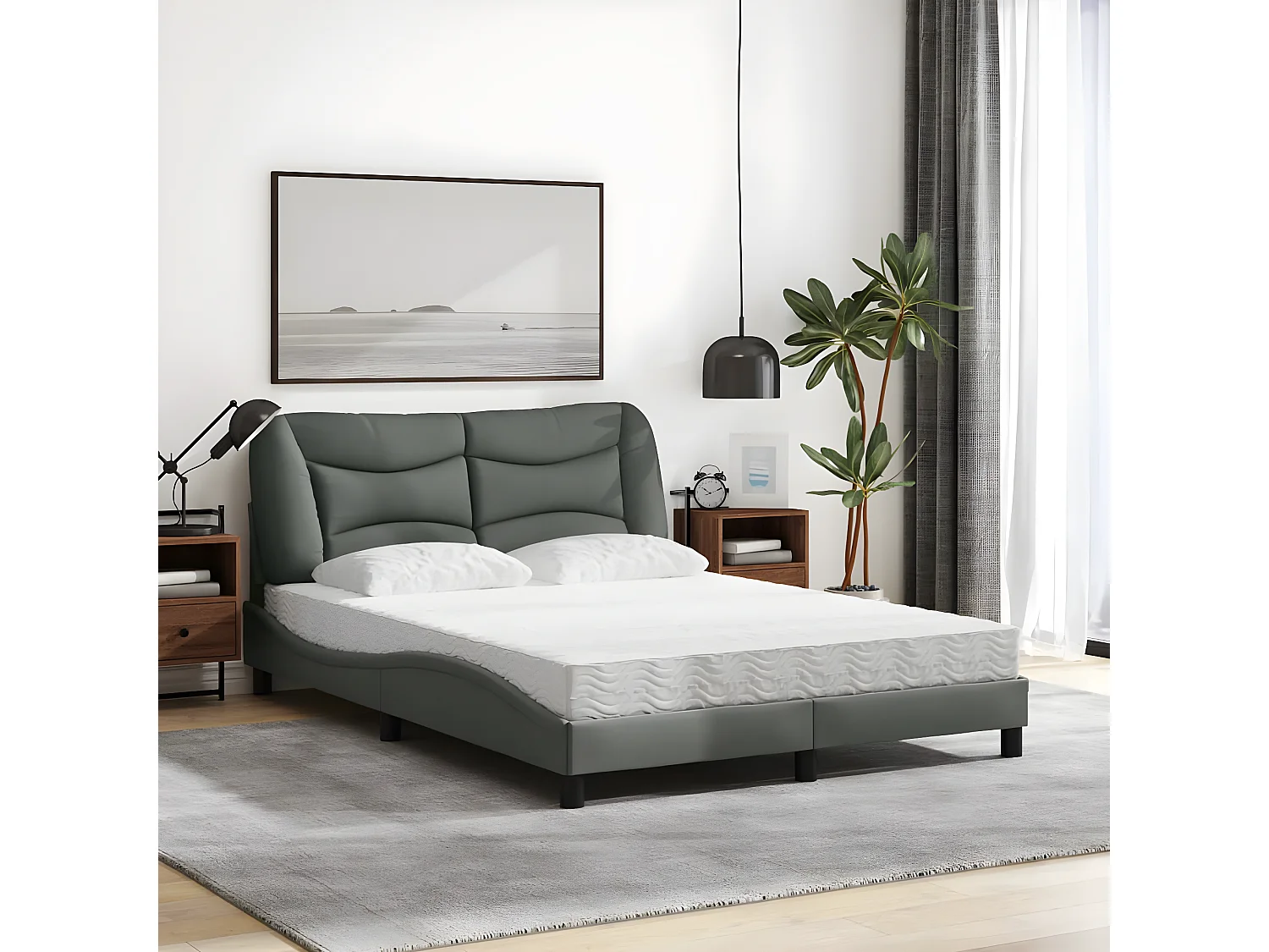 Lit avec matelas gris foncé 120x200 tissu