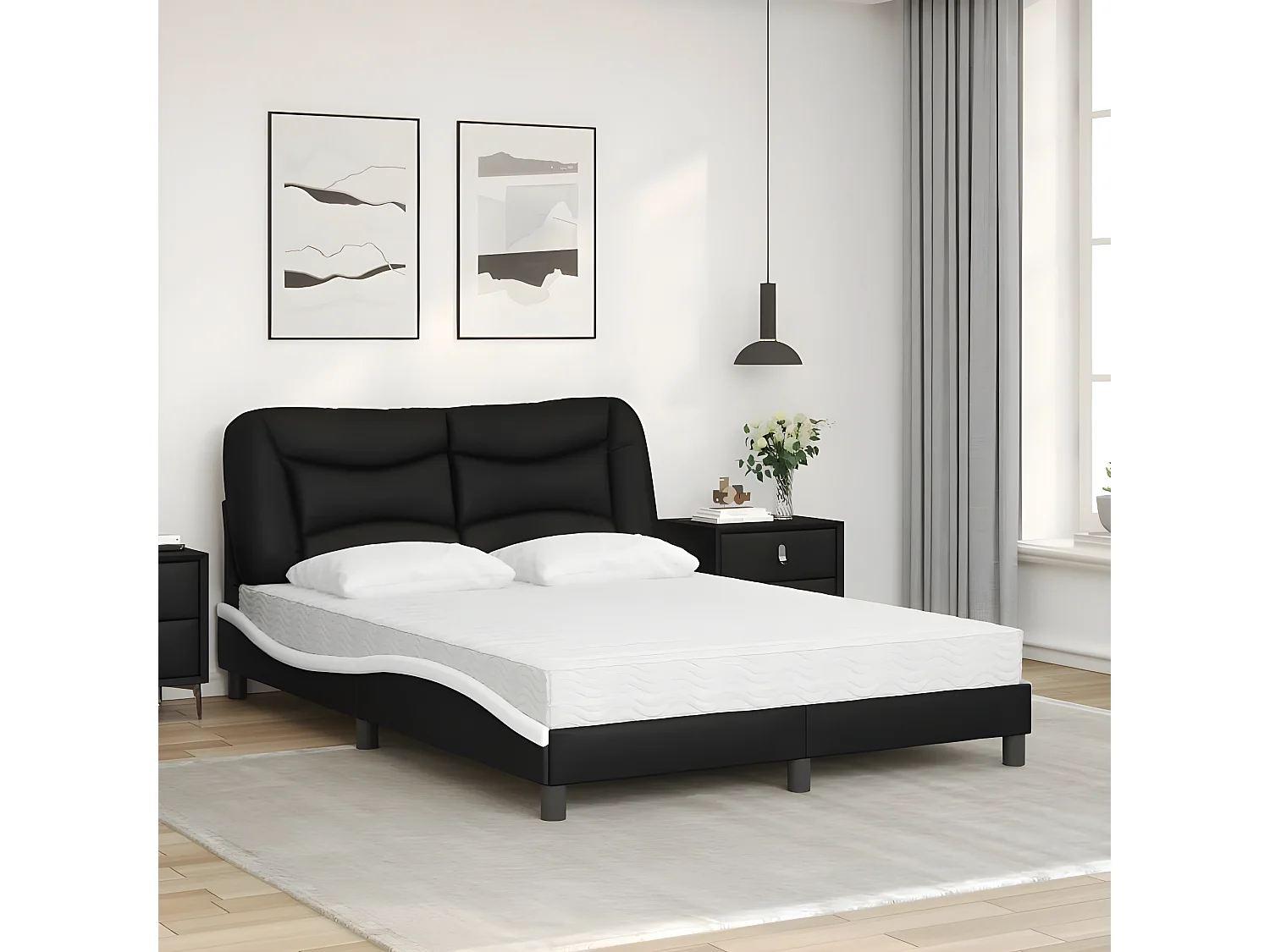 Lit avec matelas noir et blanc 120x200 similicuir
