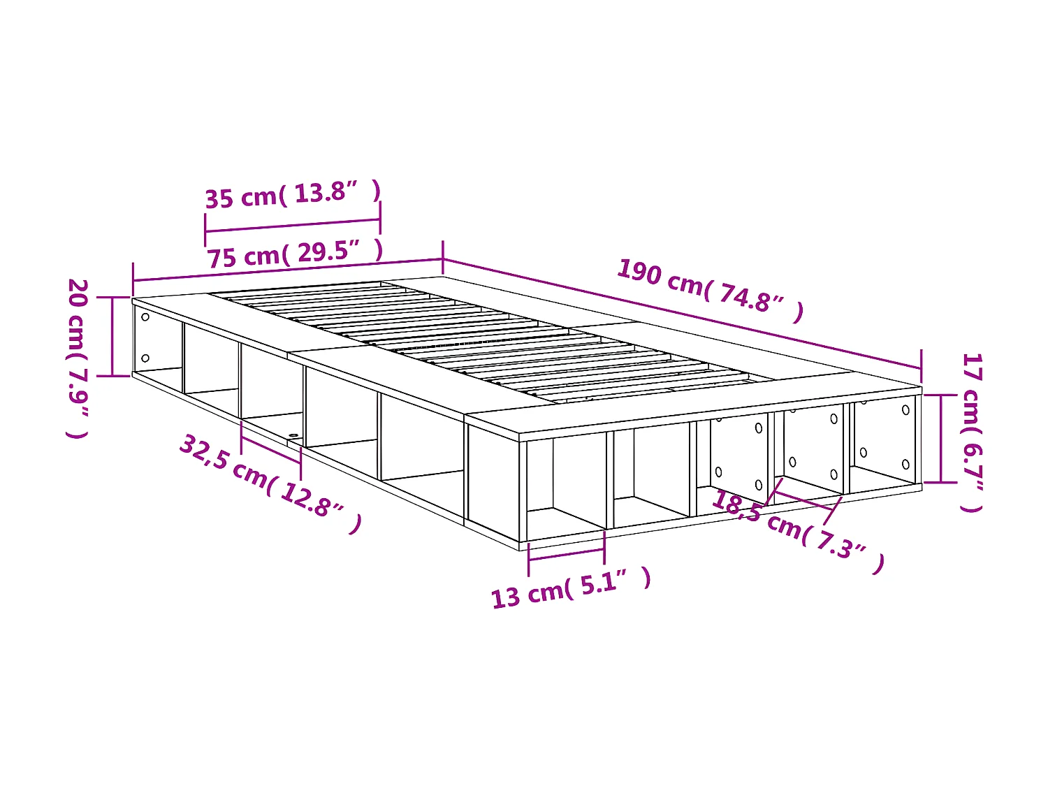 Cadre de lit sonoma gris 75x190 bois d'ingénierie