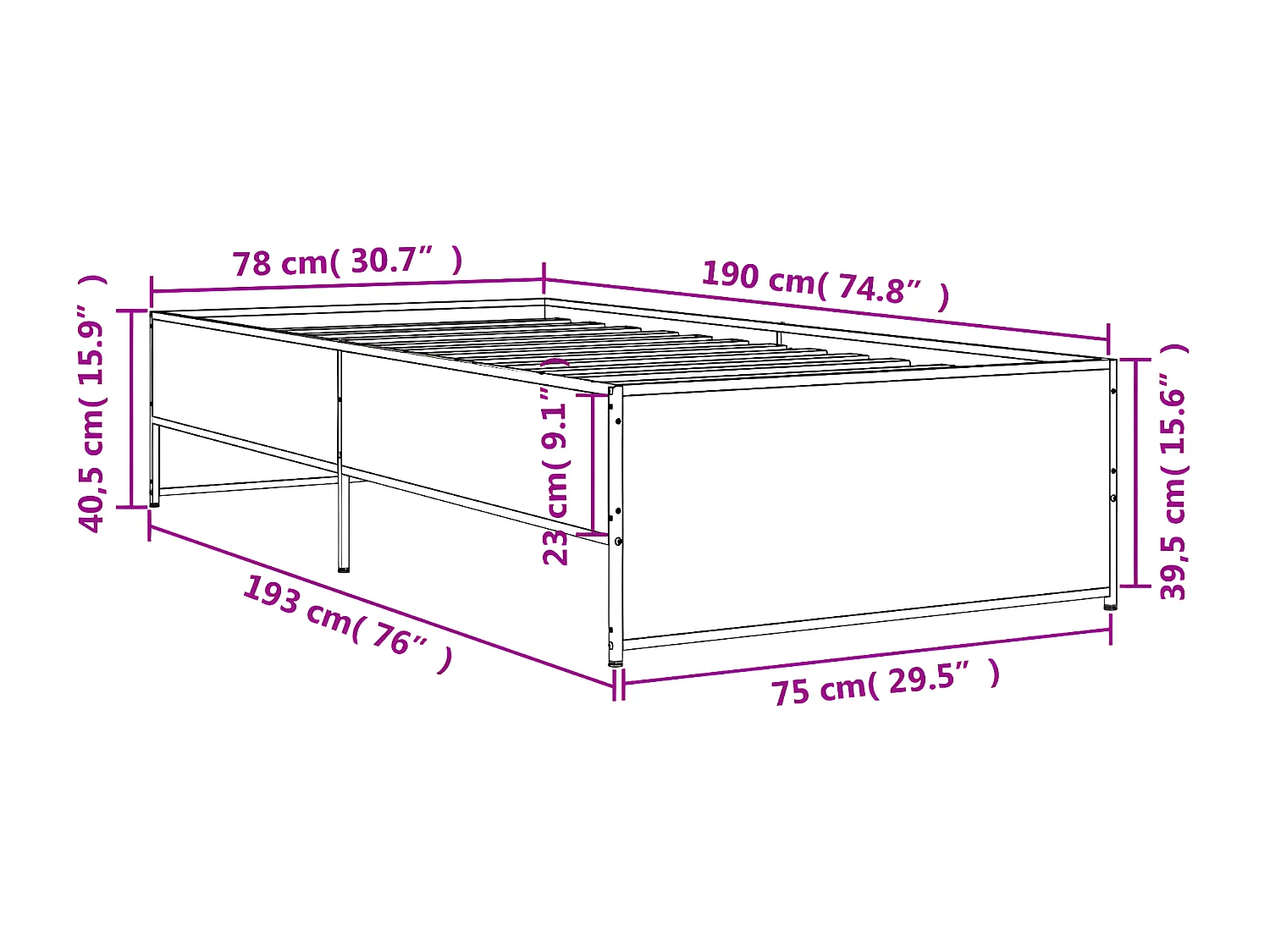 Cadre de lit chêne fumé 75x190 bois d'ingénierie et métal