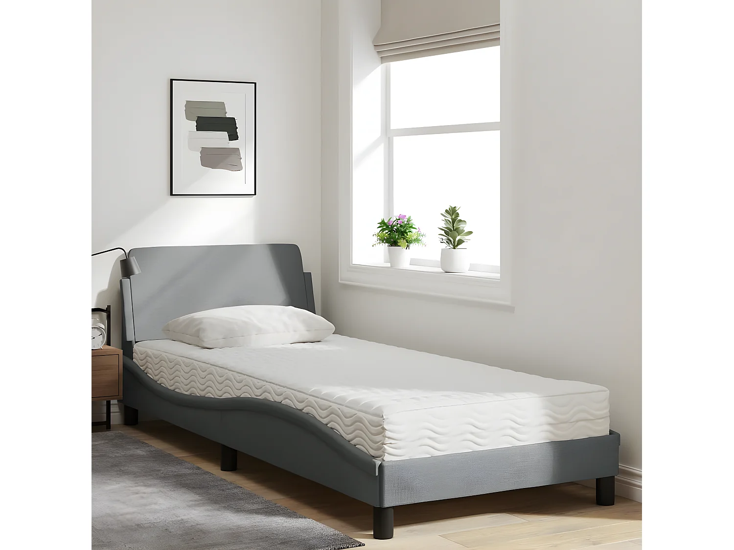 Lit avec matelas gris clair 90x200 tissu