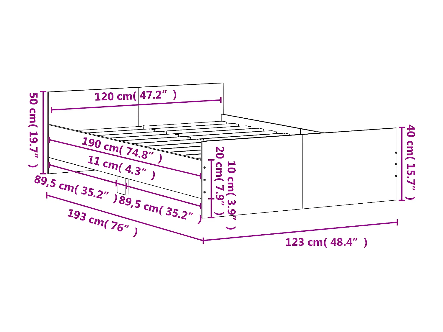Cadre de lit tête de lit et pied de lit sonoma gris 120x190