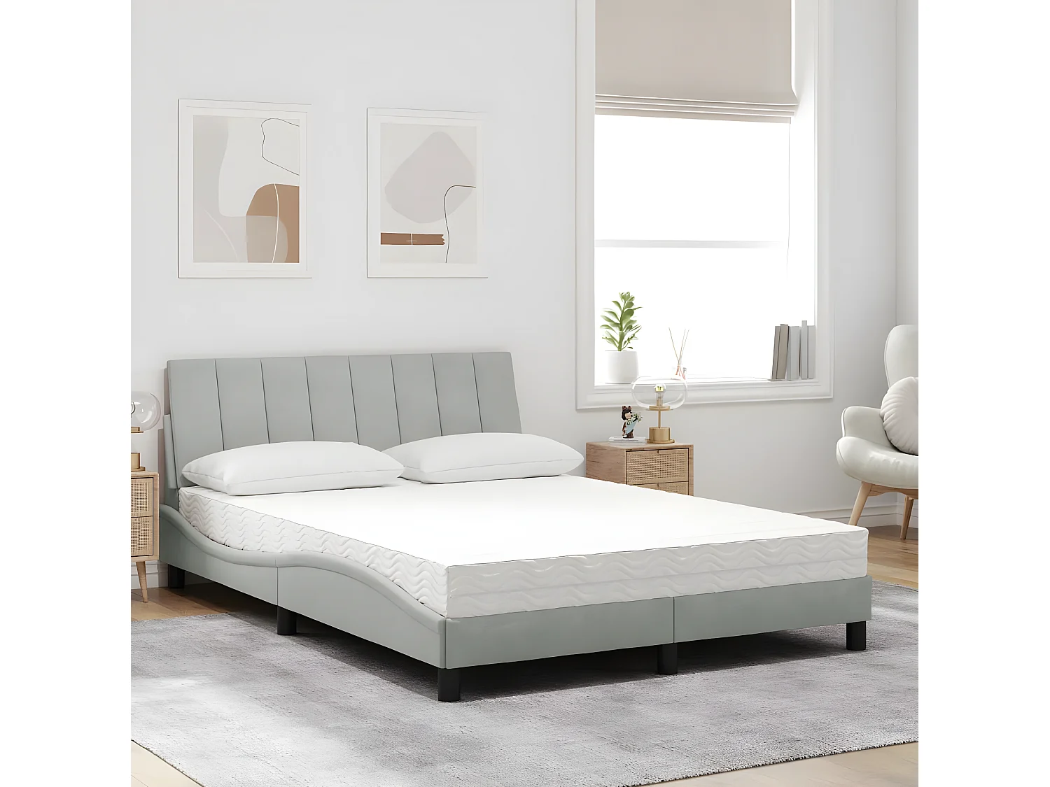 Lit avec matelas gris clair 140x200 velours