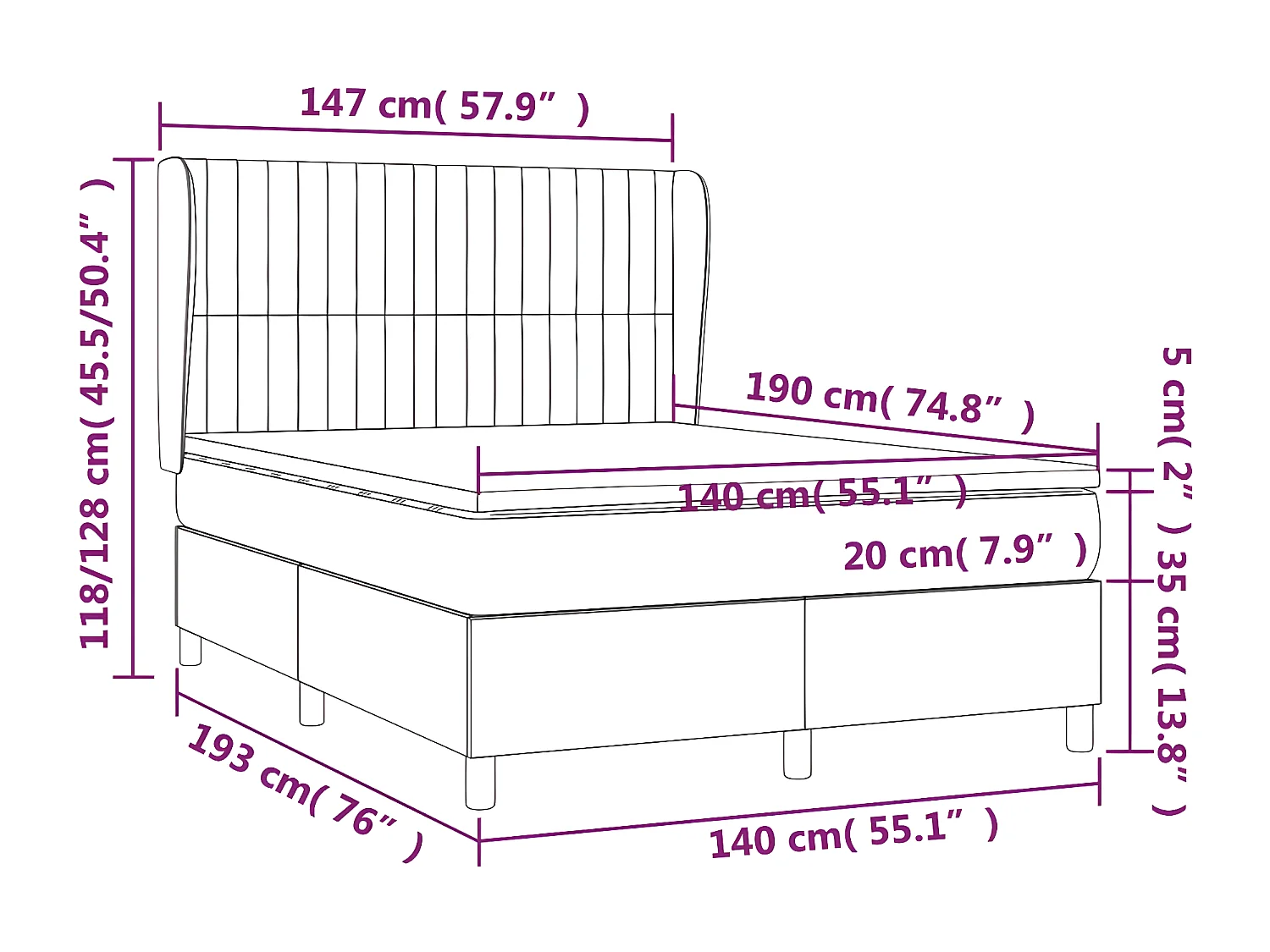 Sommier à lattes de lit et matelas Gris foncé 140x190 Velours