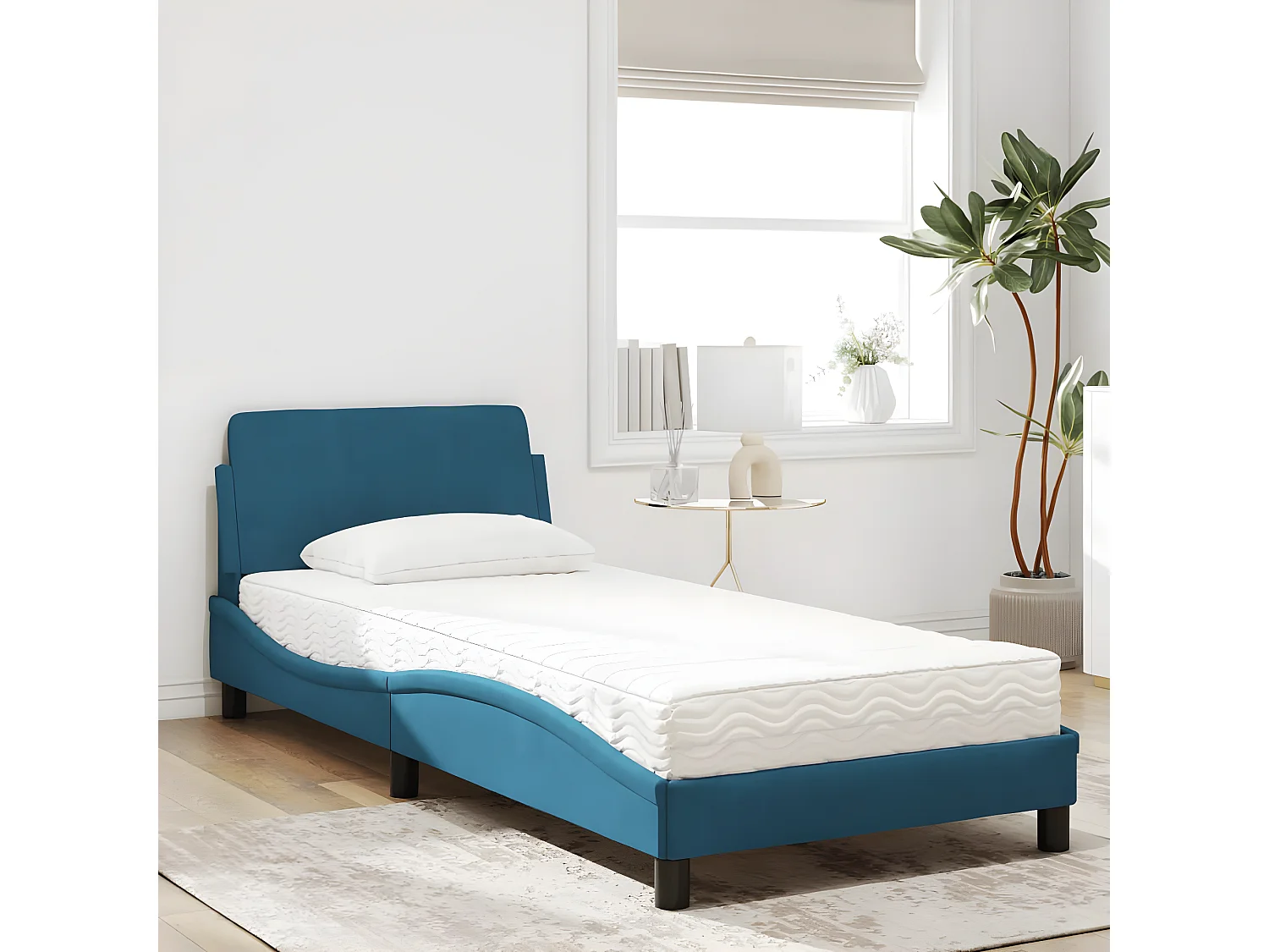Lit avec matelas bleu 80x200 velours