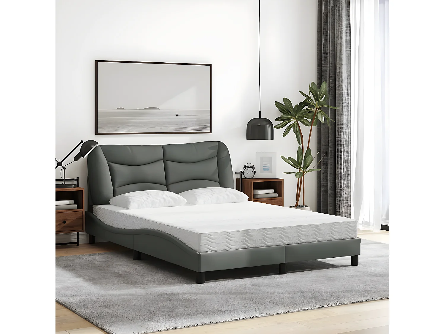 Lit avec matelas gris foncé 140x200 tissu