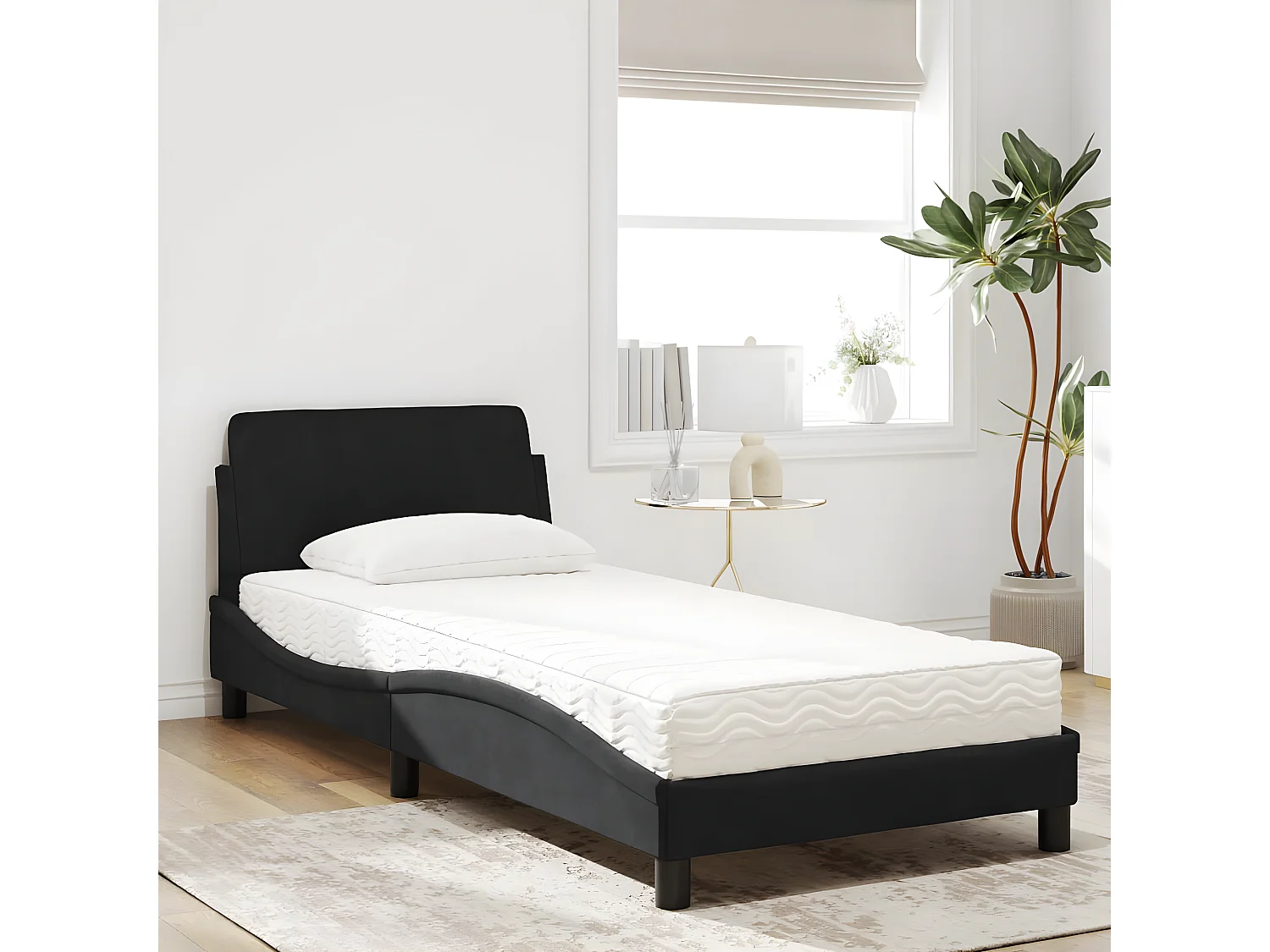 Lit avec matelas noir 90x200 velours