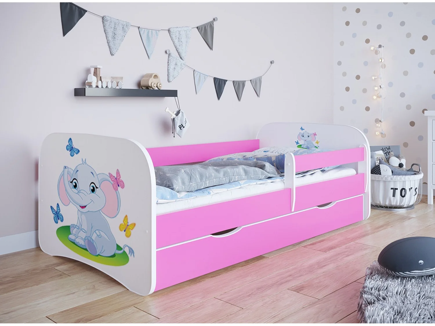 Lit enfant rose petit éléphant avec sommiers et barrière de sécurité amovible Drimy-Matelas mousse-70x140-Tiroirs Avec tiroir