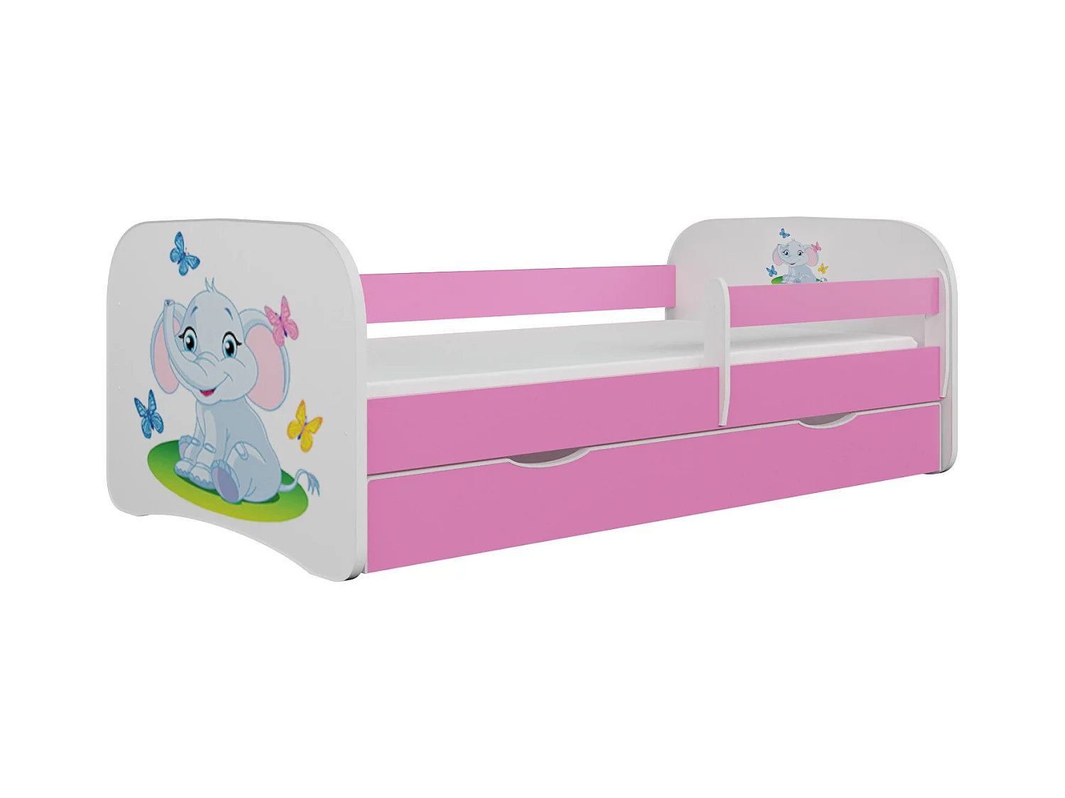 Lit enfant rose petit éléphant avec sommiers et barrière de sécurité amovible Drimy-Matelas mousse-70x140-Tiroirs Avec tiroir