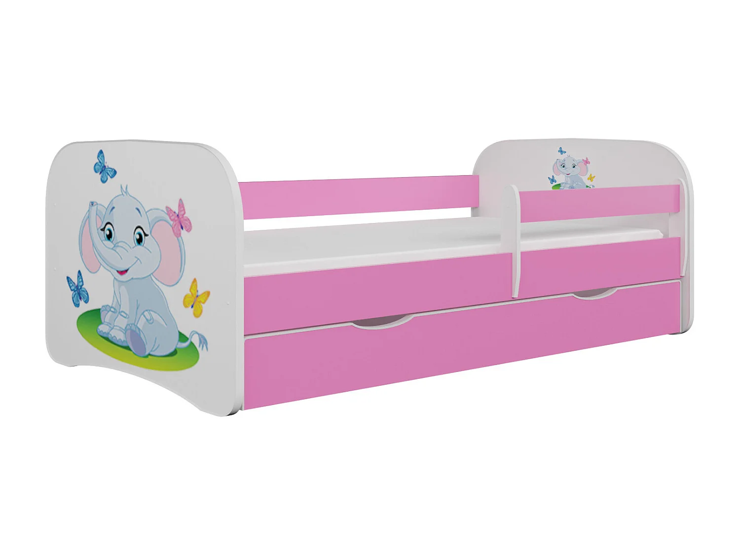 Lit enfant rose petit éléphant avec sommiers et barrière de sécurité amovible Drimy-Matelas mousse-80x180