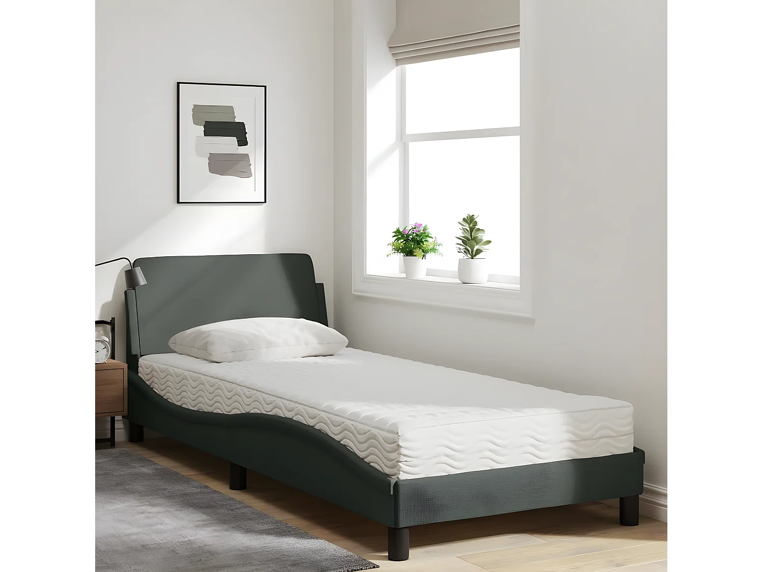 Lit avec matelas gris foncé 90x200 tissu