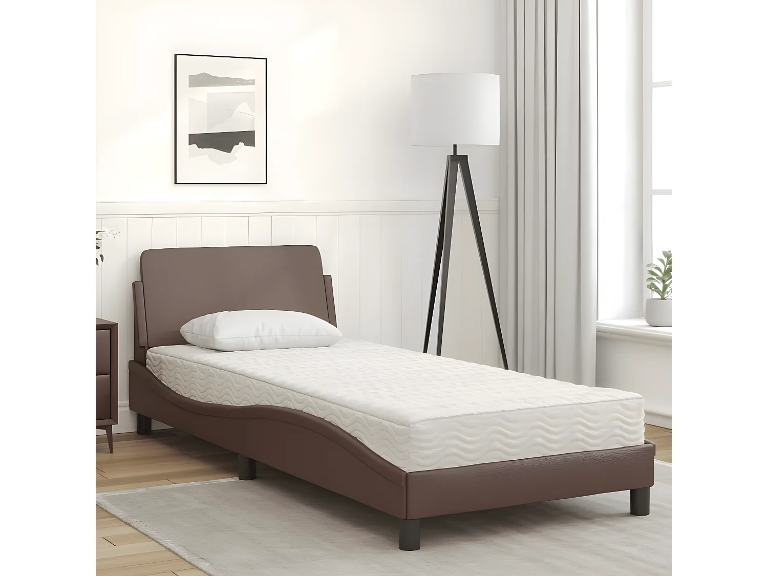 Lit avec matelas marron 90x200 similicuir