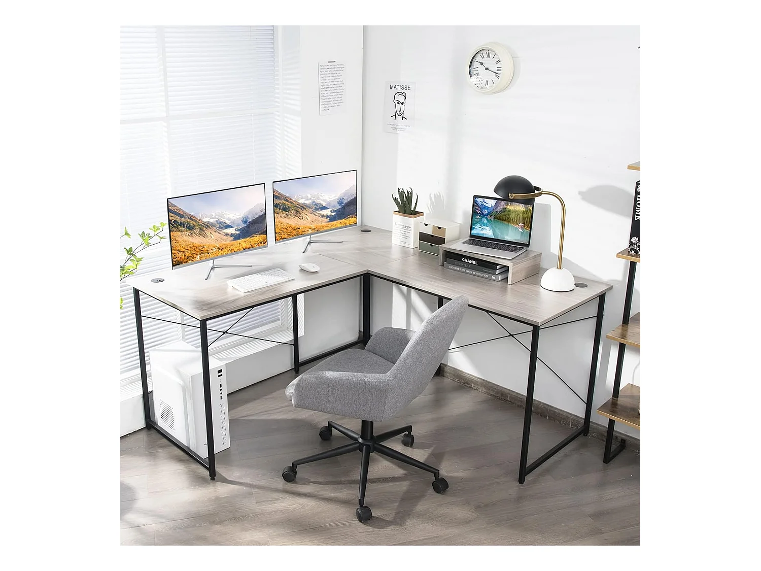 Scrivania per computer a forma di L con supporto per monitor, Postazione di lavoro lunga per 2 persone Grigio