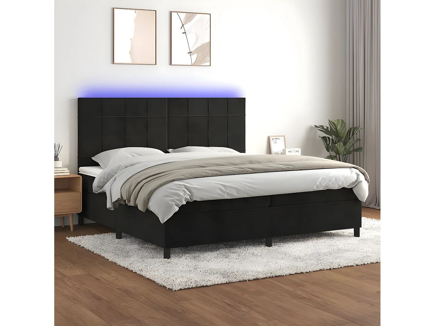 Sommier à lattes de lit matelas et LED Noir 200x200 Velours