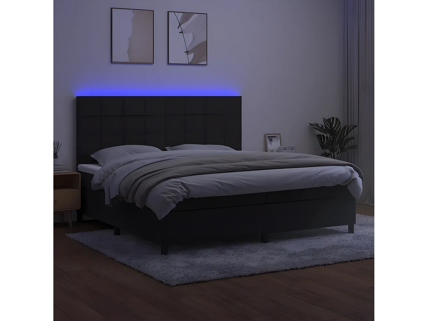 Sommier à lattes de lit matelas et LED Noir 200x200 Velours