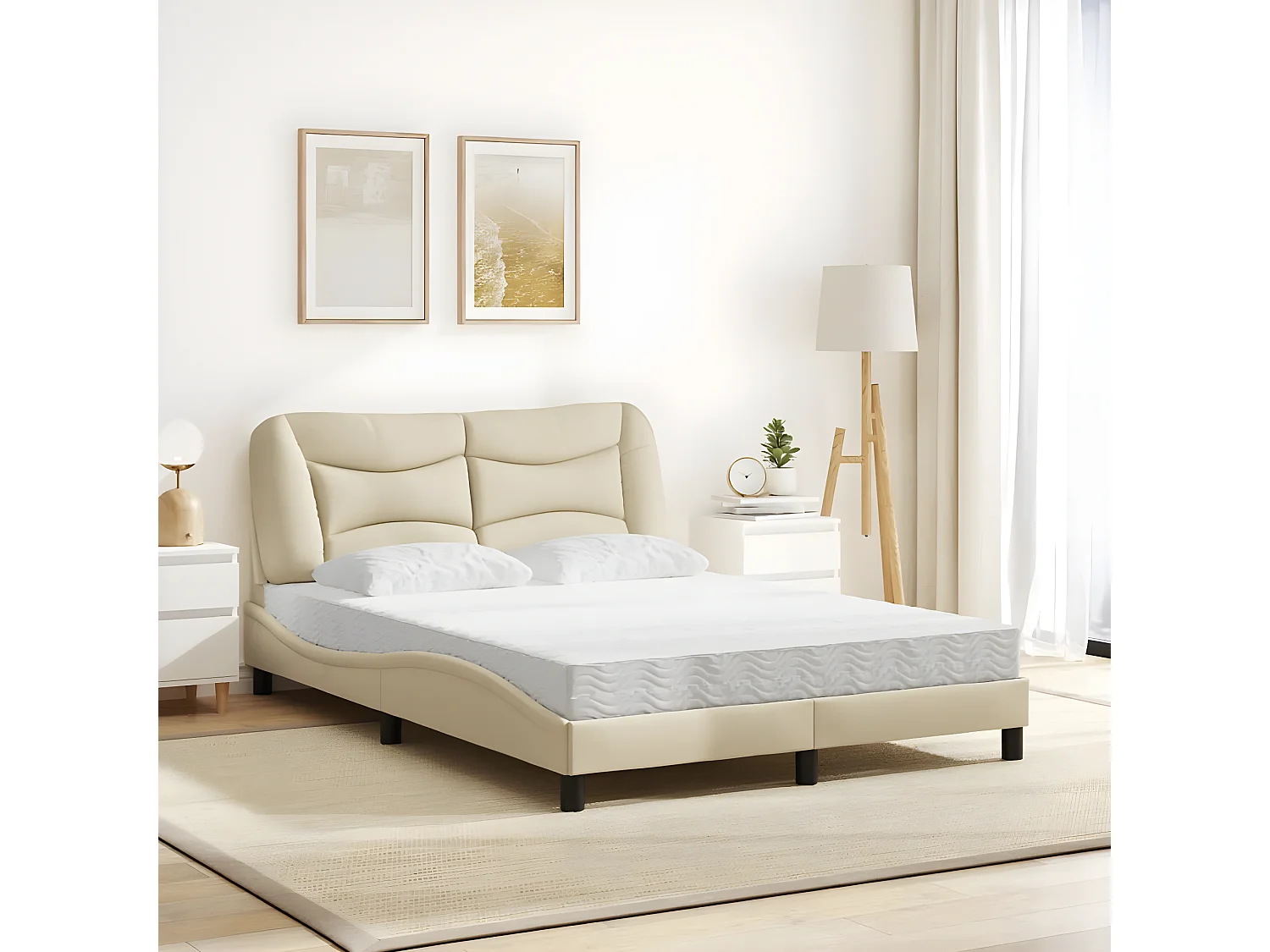 Lit avec matelas crème 120x200 tissu