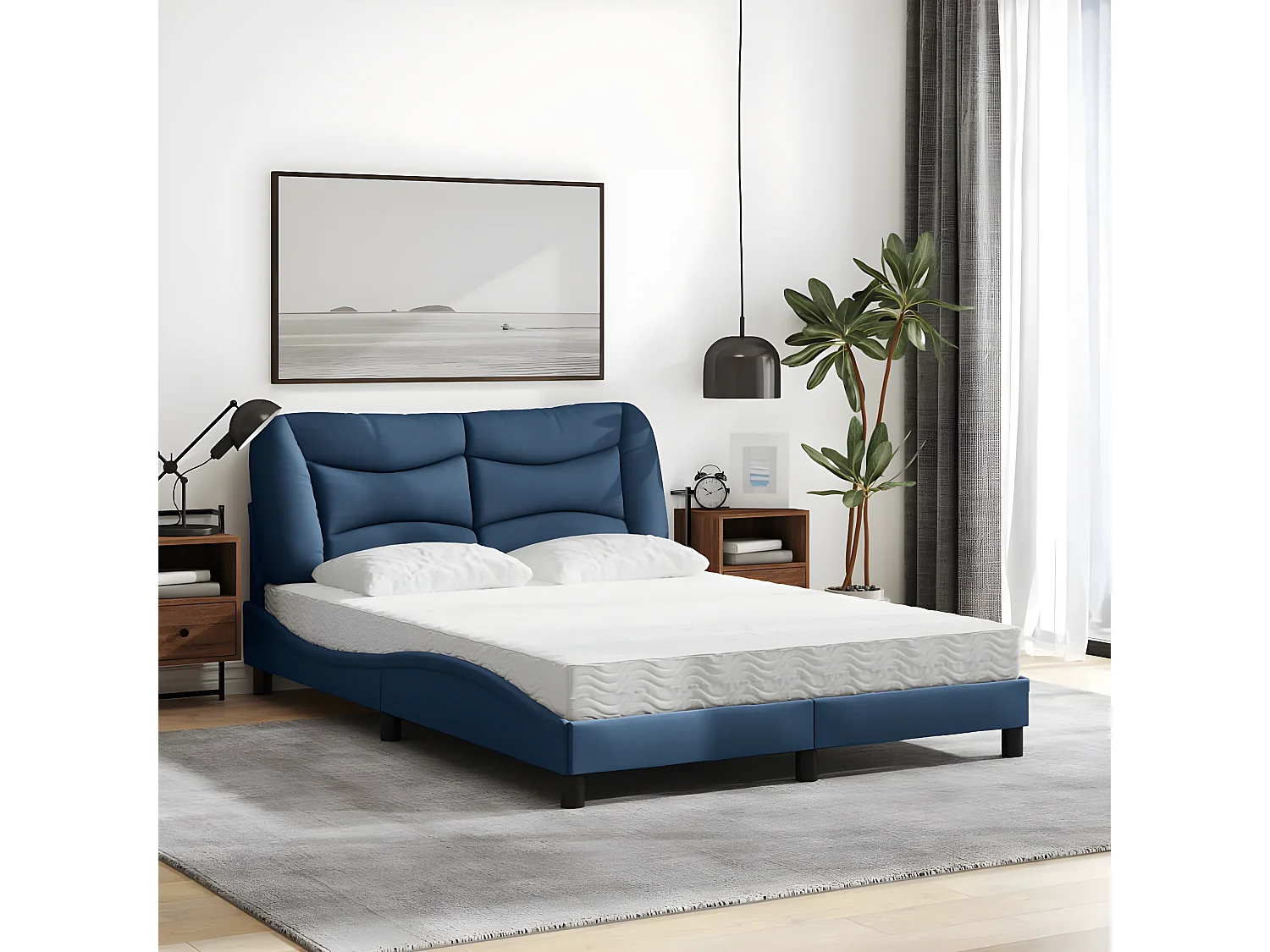 Lit avec matelas bleu 120x200 tissu