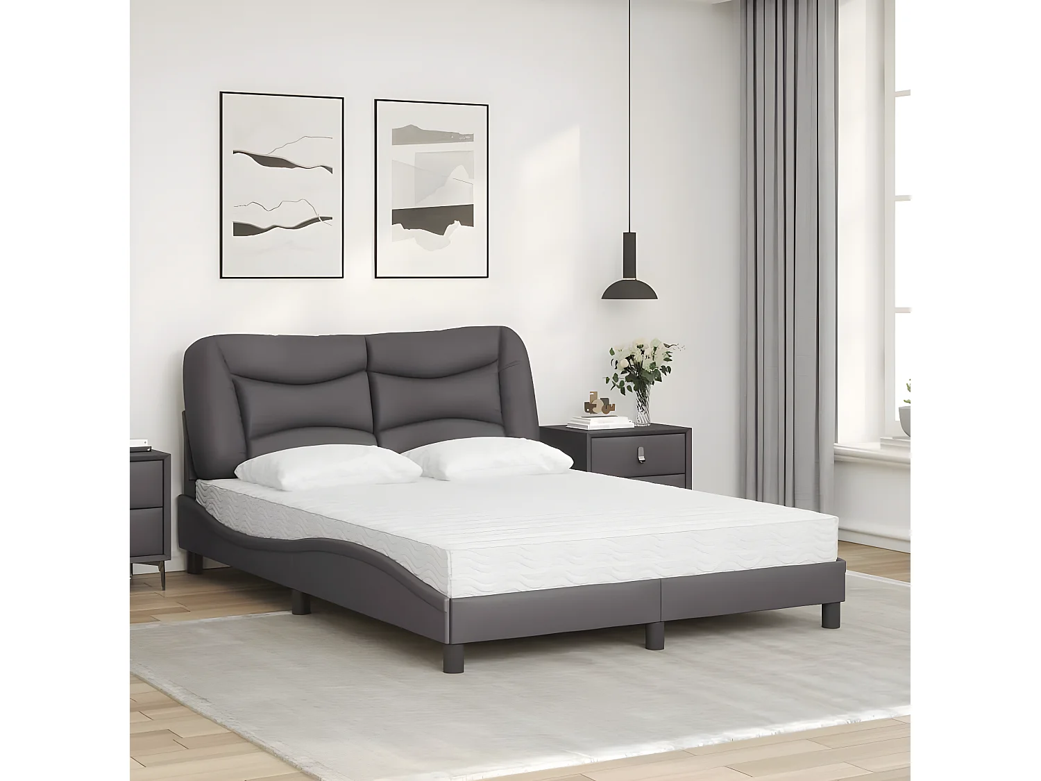 Lit avec matelas gris 140x200 similicuir