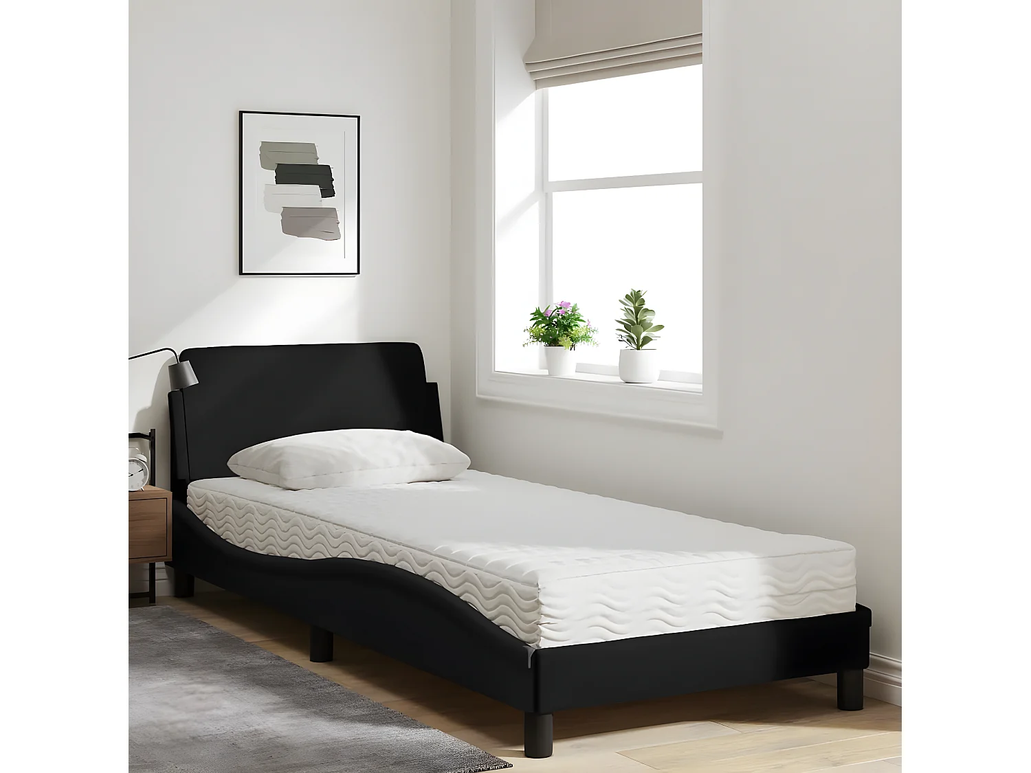 Lit avec matelas noir 80x200 tissu