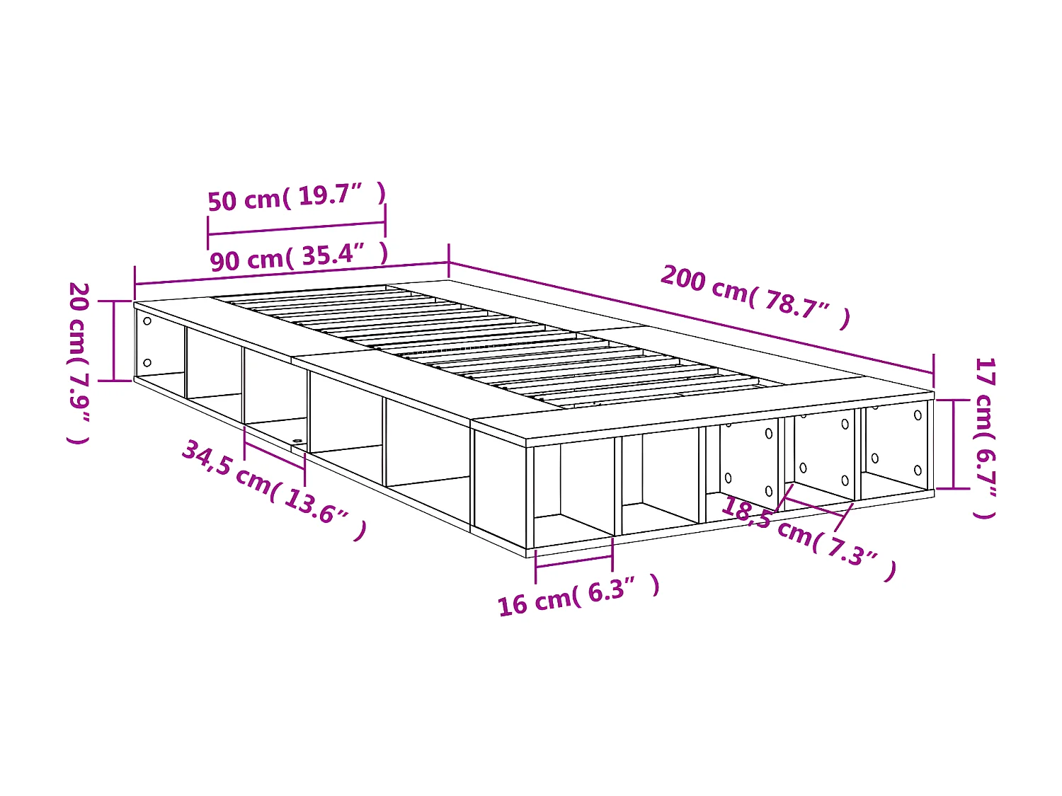 Cadre de lit gris béton 90x200 bois d'ingénierie