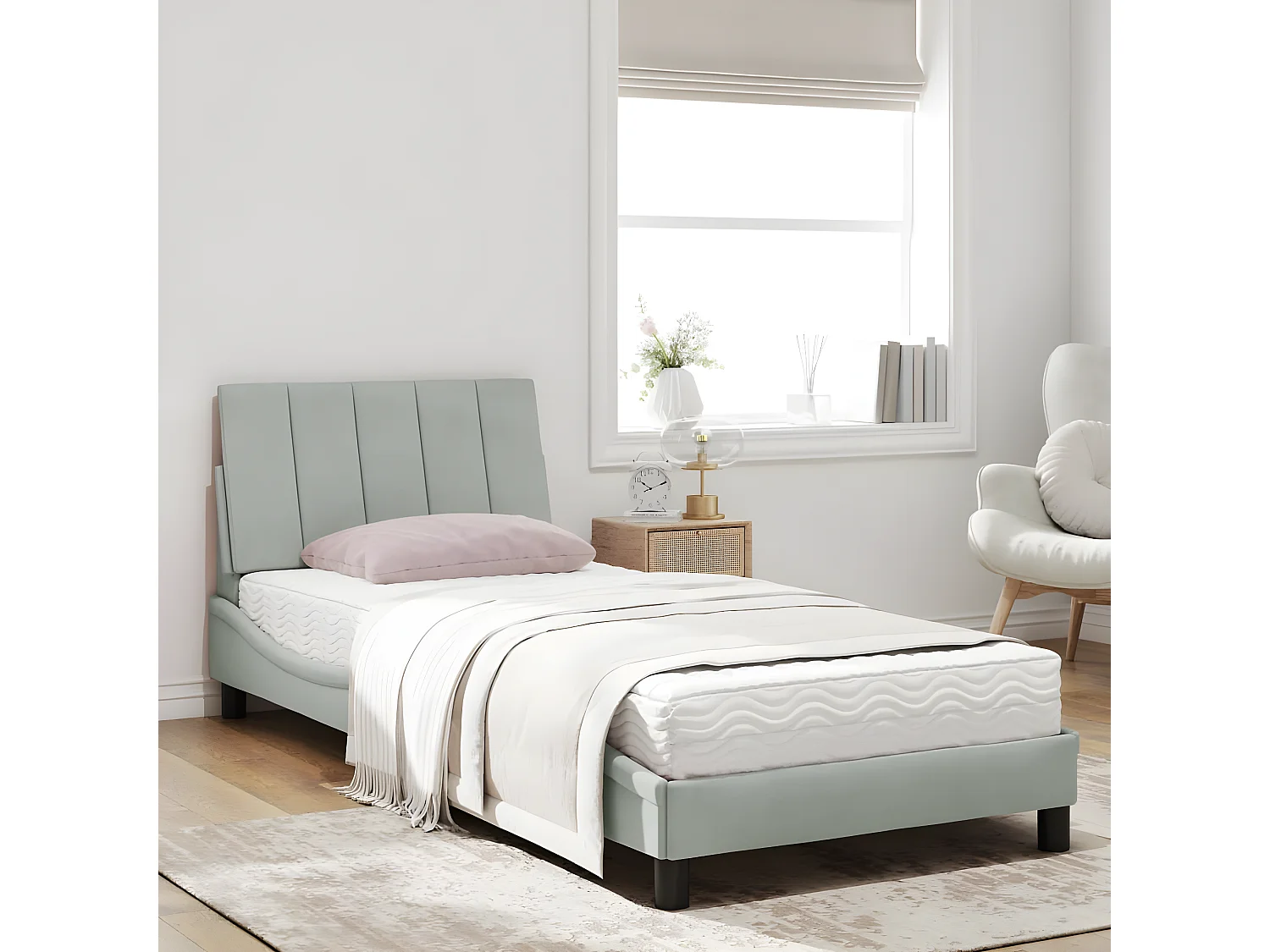 Lit avec matelas gris clair 90x200 velours