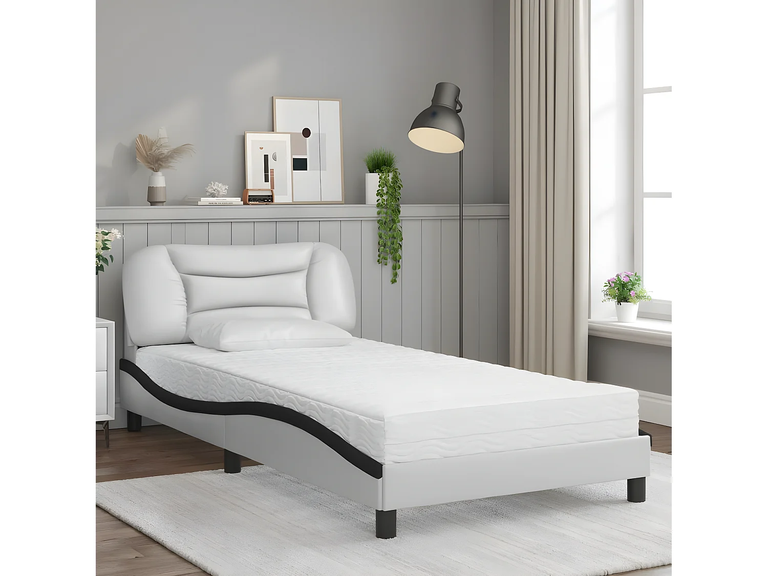 Lit avec matelas blanc et noir 100x200 similicuir