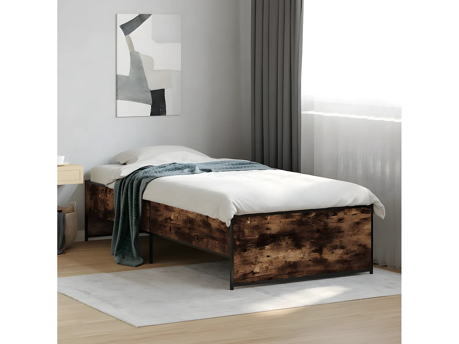 Cadre de lit chêne fumé 90x200 bois d'ingénierie et métal